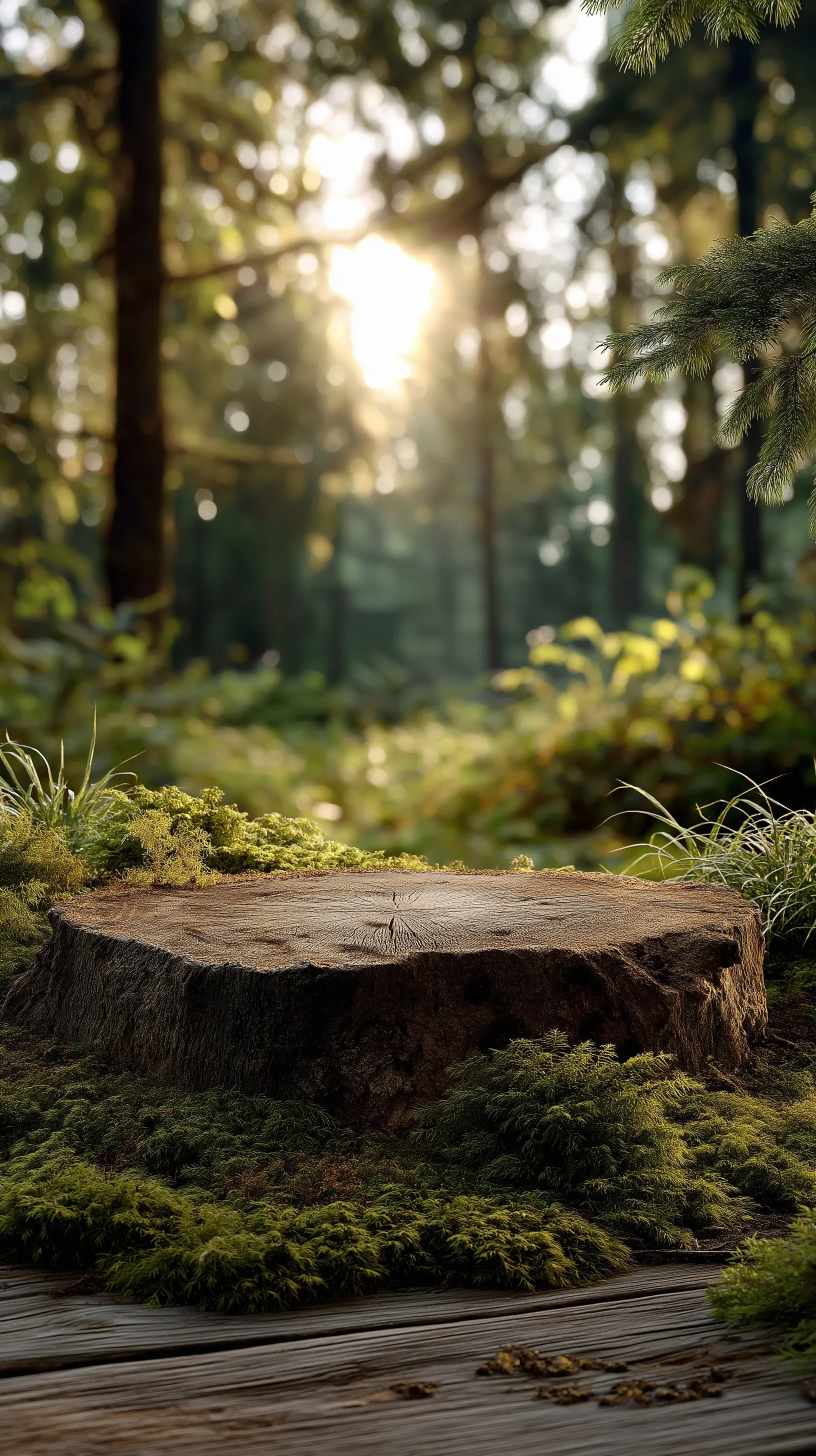 A mossy tree stump in a sunlit forest with soft bokeh, ideal as an enchanting nature mobile wallpaper.