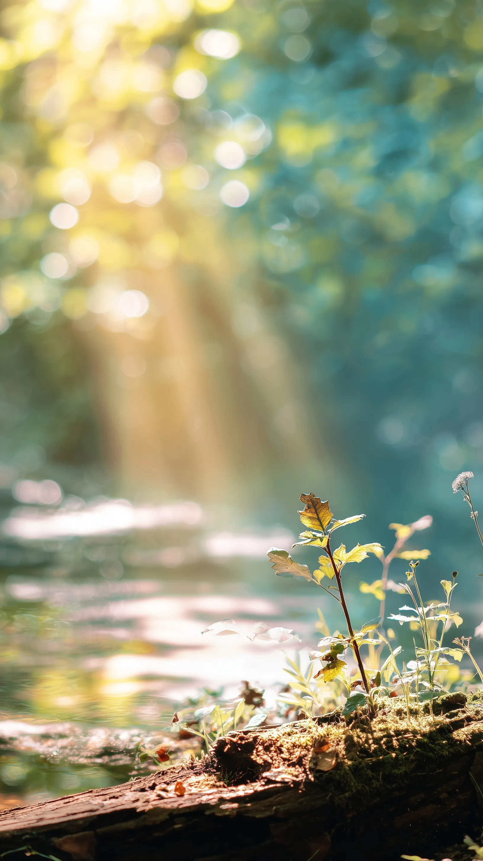 A golden Tyndall light beam hits a forest sapling near a stream, perfect for iPhone 17 Pro nature wallpapers.