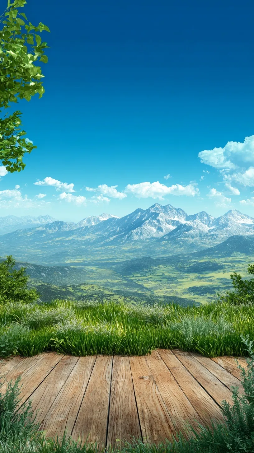 Realistic grassland landscape with snow-capped mountains and a wooden table for iPhone 17 Pro wallpaper.
