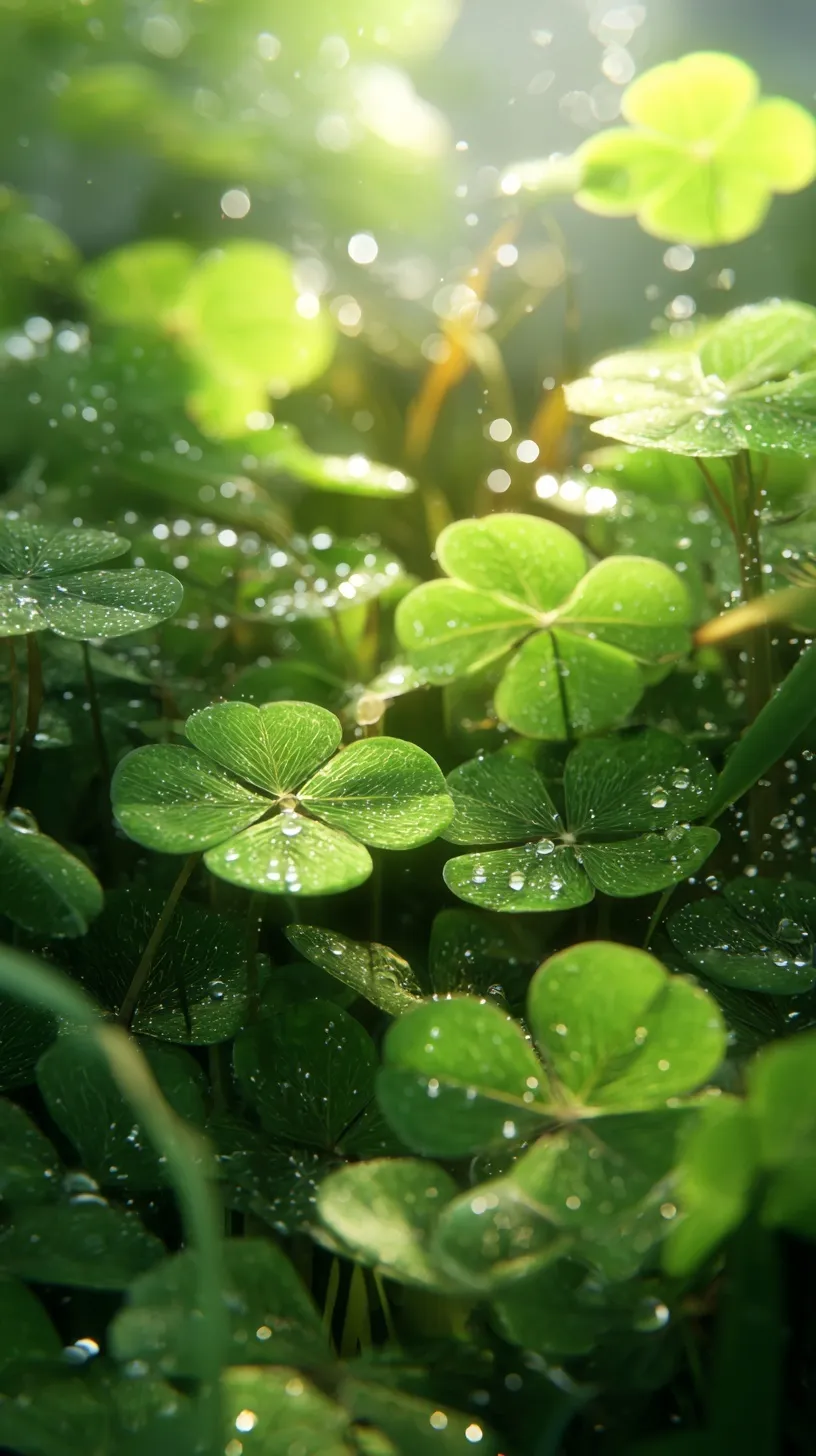 Fresh green four-leaf clovers with morning dew drops and golden accents for iPhone 17 Pro nature wallpaper.