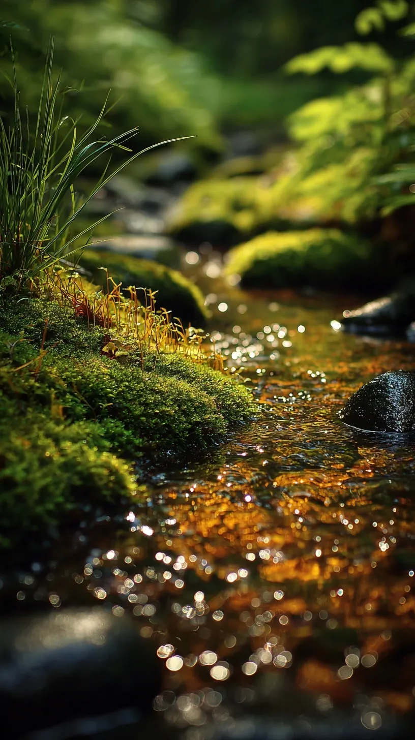 Macro close-up of a forest creek with smooth stones, clear flowing water, and lush moss, perfect for iPhone wallpaper.