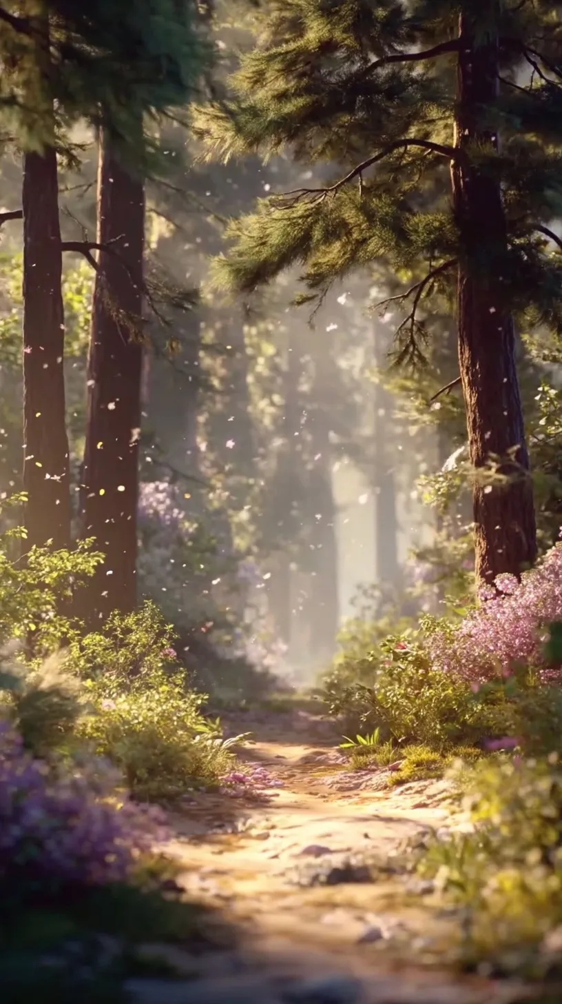 A cinematic, magical forest path with soft sunlight, perfect as a cute 3D-style nature wallpaper for iPhone 17 Pro.