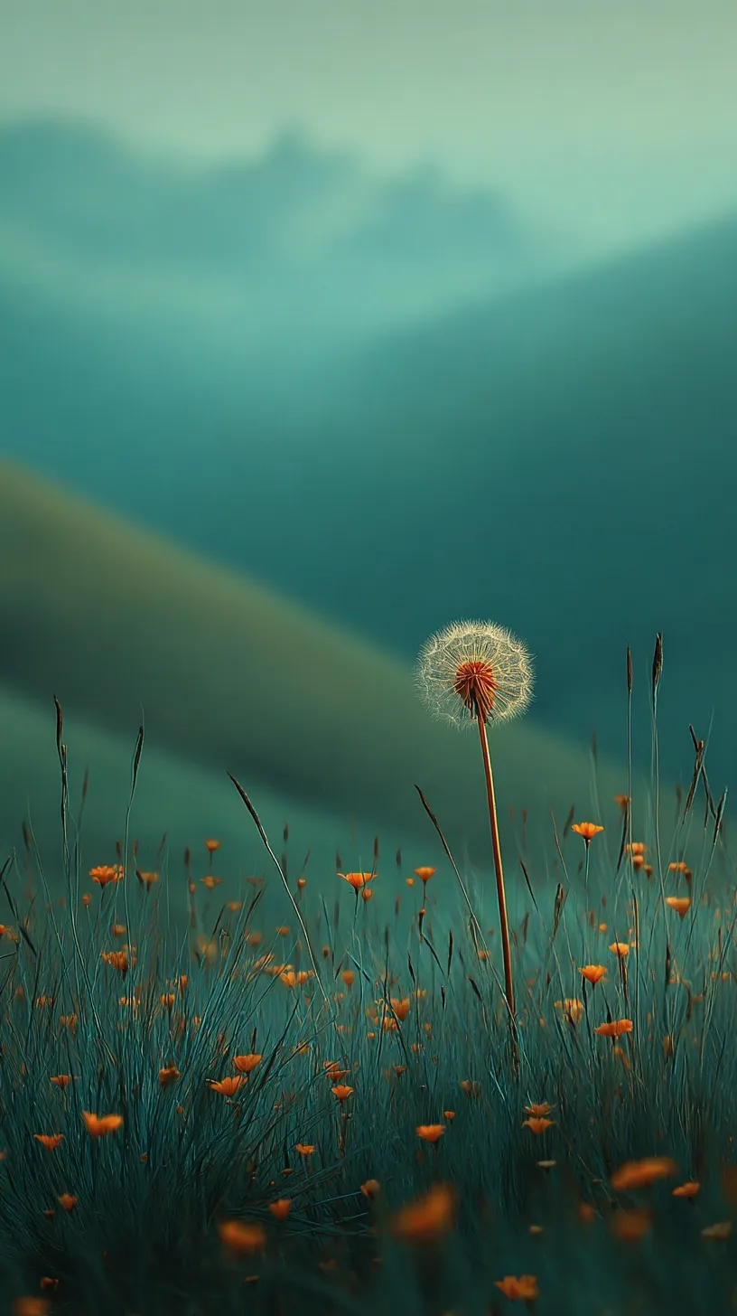 A solitary dandelion seed head in a teal field with orange wildflowers, perfect for an iPhone 17 Pro wallpaper.