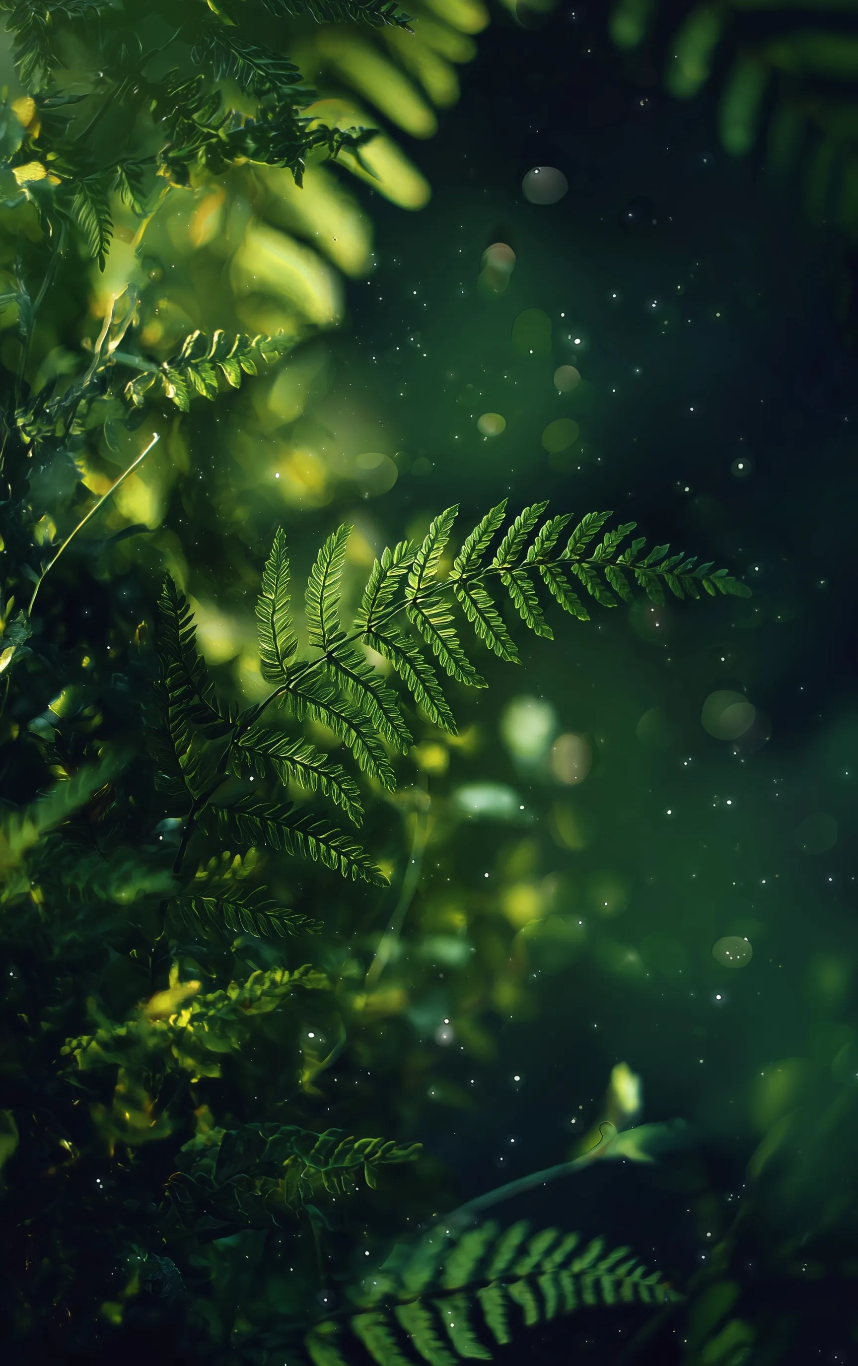 Dark green forest wallpaper with blurred fern leaves and bokeh lights for iPhone 17 Pro background.