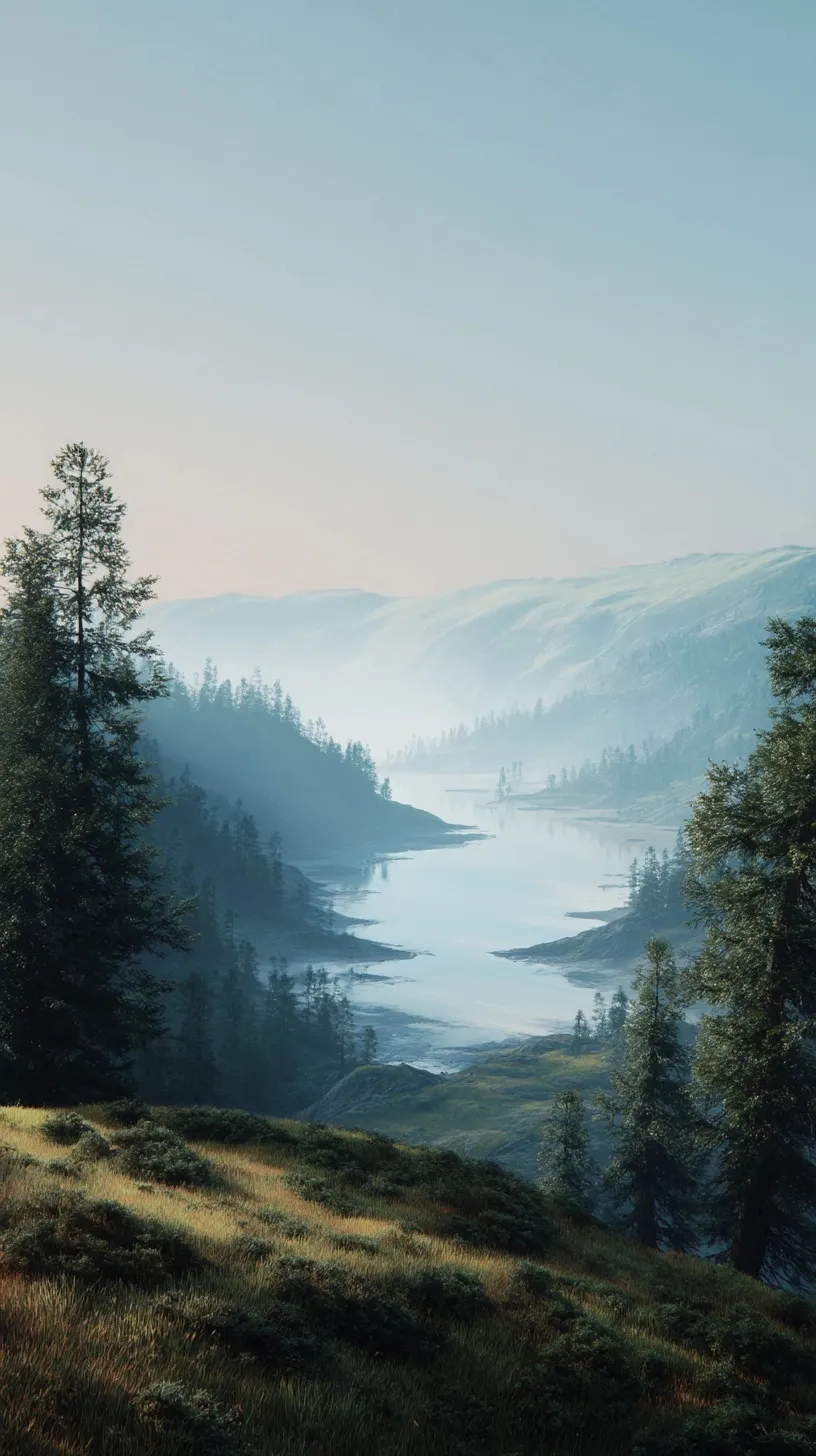 Serene landscape with misty hills and a quiet lake in soft pastel tones, perfect for iPhone 17 Pro wallpaper.