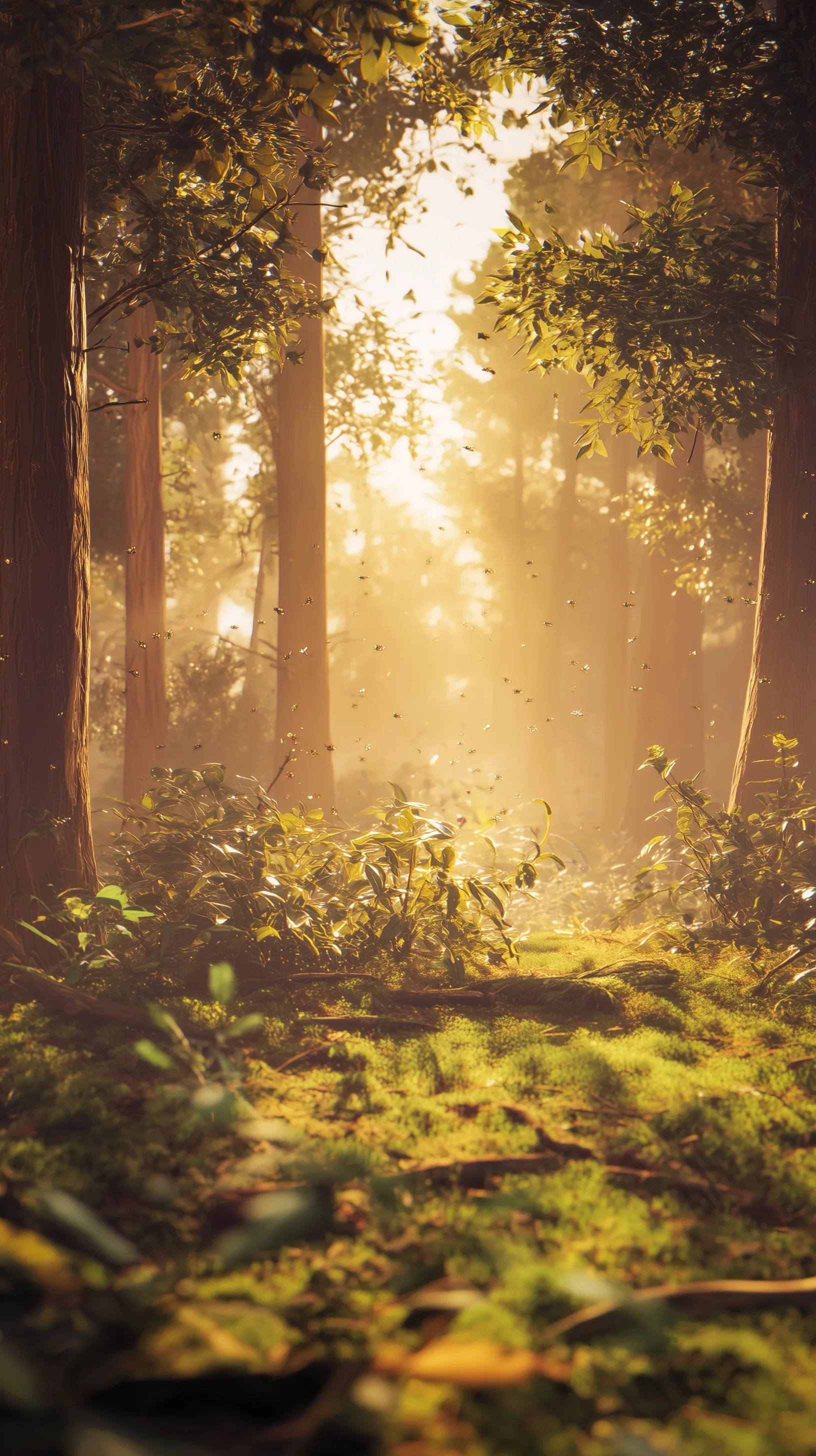 Hyper-realistic golden hour summer forest with glowing sun rays, perfect for iPhone 17 Pro nature wallpaper.
