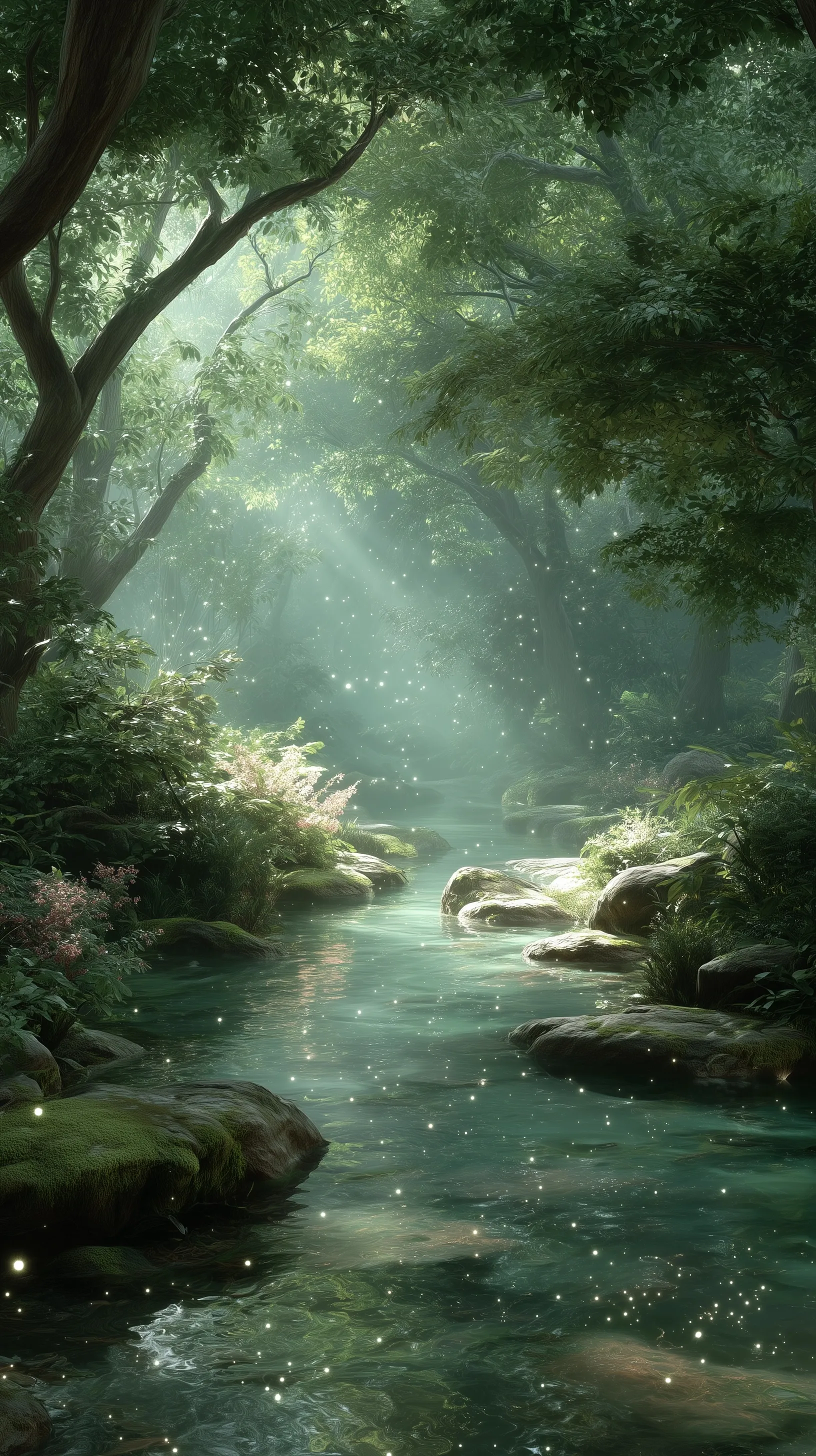 Enchanted forest with a gentle river, sunbeams, and mossy stones, perfect for iPhone 17 Pro wallpaper.
