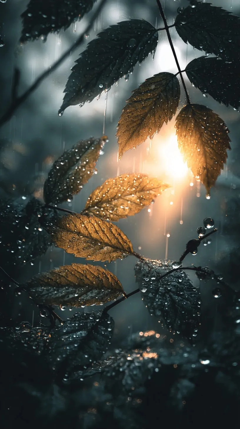 Sunlight breaking through clouds onto glistening leaves, creating a serene, golden nature scene for iPhone wallpaper.