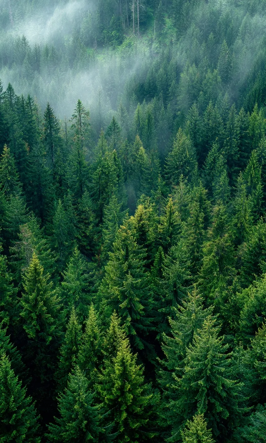 Aerial view of a misty evergreen forest with dense tree patterns, perfect for an iPhone 17 Pro nature wallpaper.