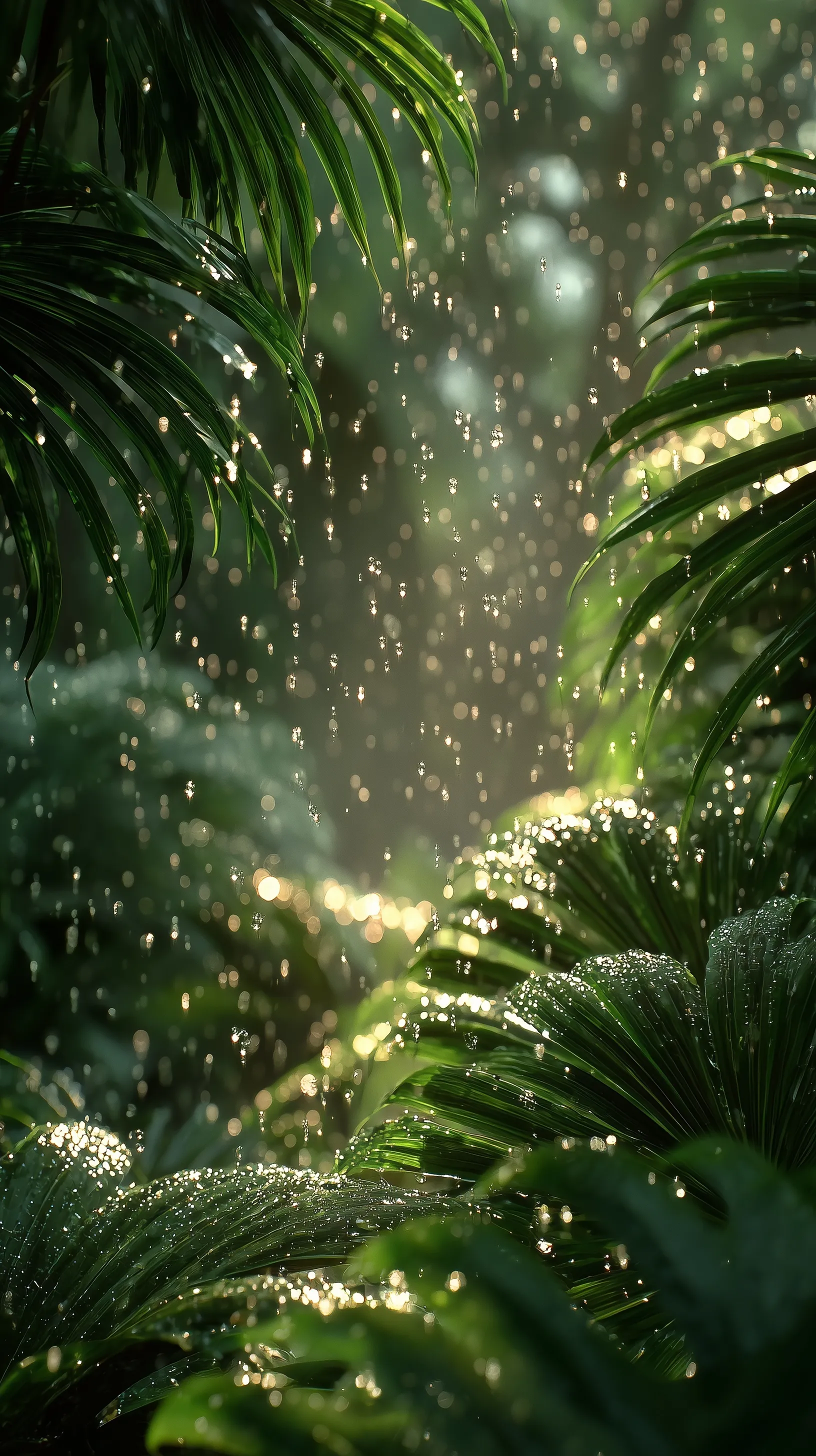 Close-up of tropical rainforest plants with morning dew and soft bokeh light for iPhone 17 Pro mobile wallpaper.