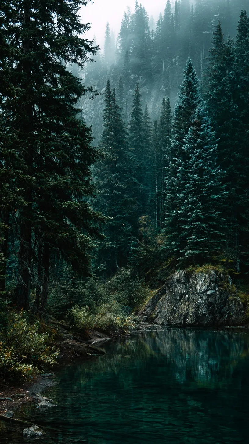Dark green coniferous forest by a serene lake, perfect for iPhone 17 Pro mobile wallpaper.