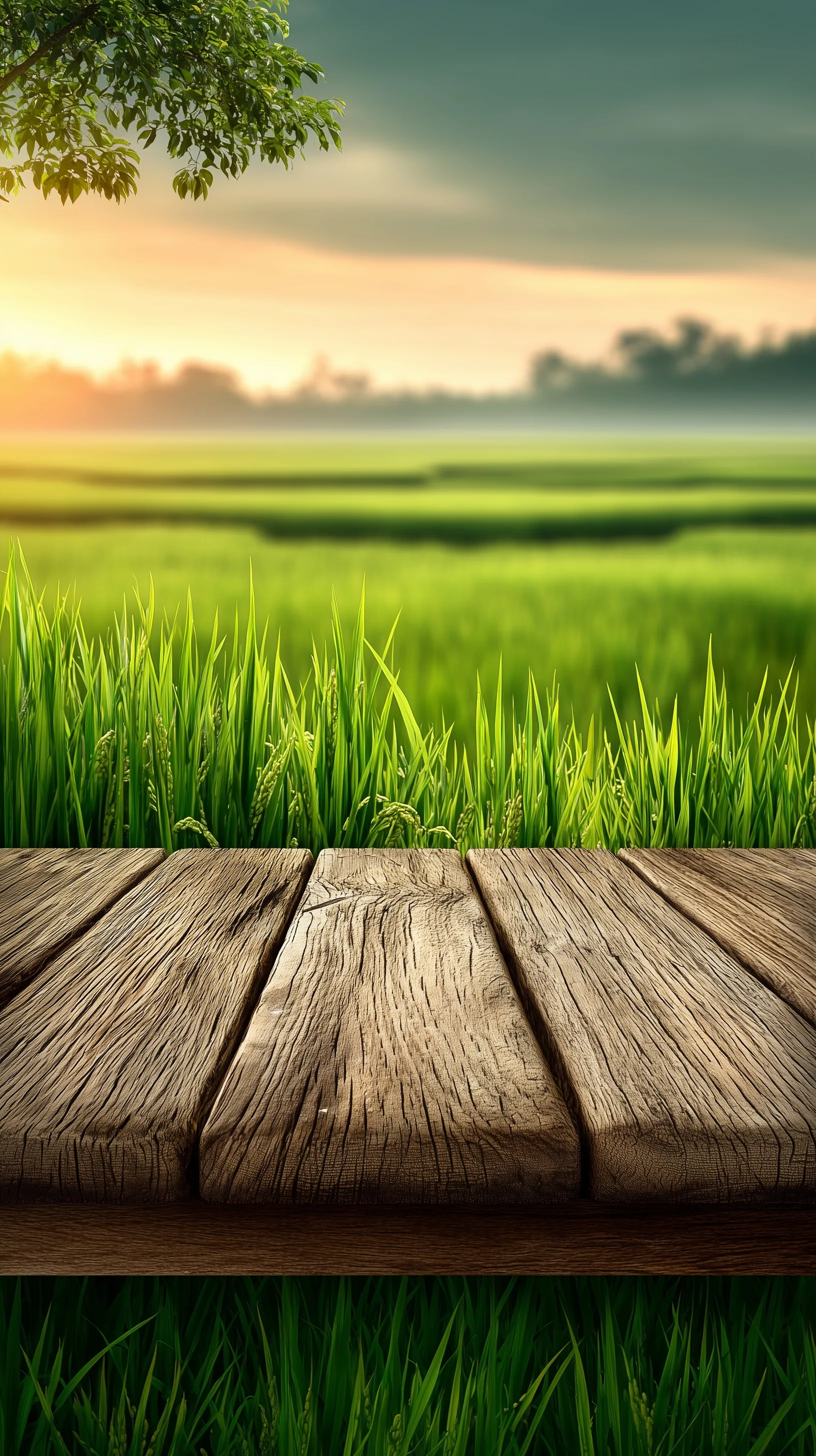 Empty wooden table in a lush green rice field at sunrise, perfect for iPhone 17 Pro nature wallpaper.