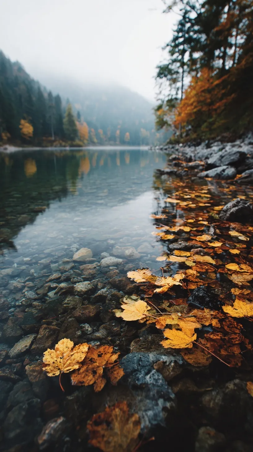Autumn leaves floating on a calm lake, perfect for iPhone 17 Pro nature mobile wallpaper.