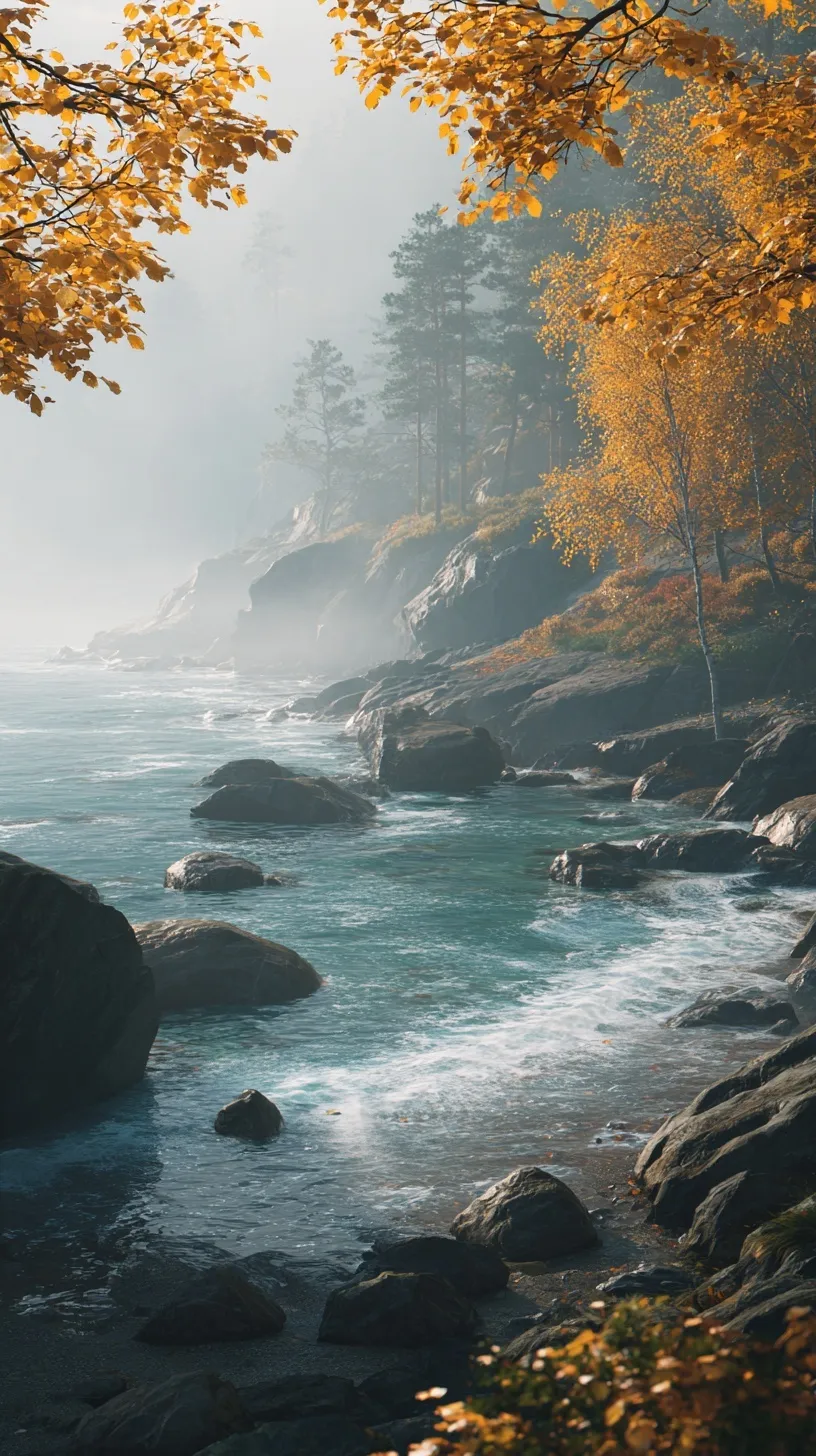 Misty coastal landscape with golden leaves and crashing waves, perfect for iPhone 17 Pro nature wallpaper.