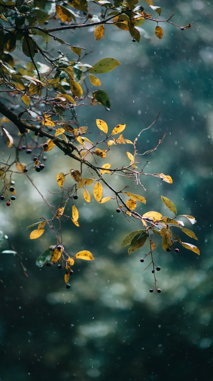 iPhone 17 Pro nature wallpaper featuring autumn leaves and light snow on a tree branch in a serene, blurred forest.
