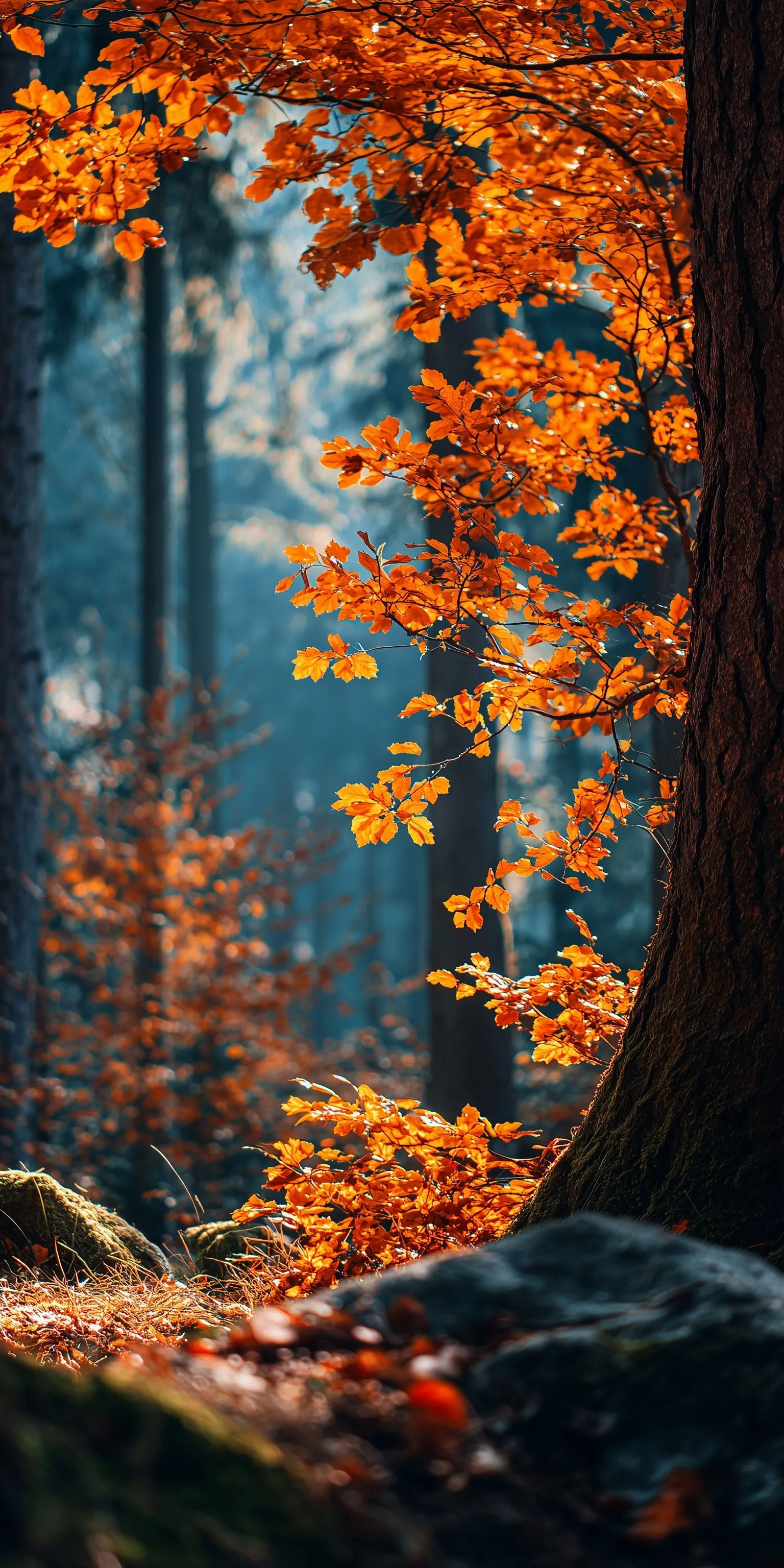 Autumn forest wallpaper with vibrant orange leaves, perfect for iPhone 17 Pro nature backgrounds.