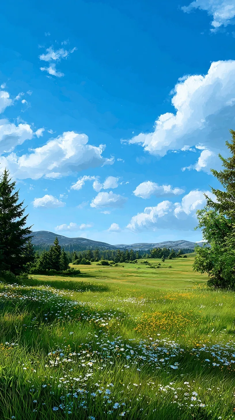 High-definition nature mobile wallpaper featuring a clear blue sky, green grass, and flowers for iPhone 17 Pro.