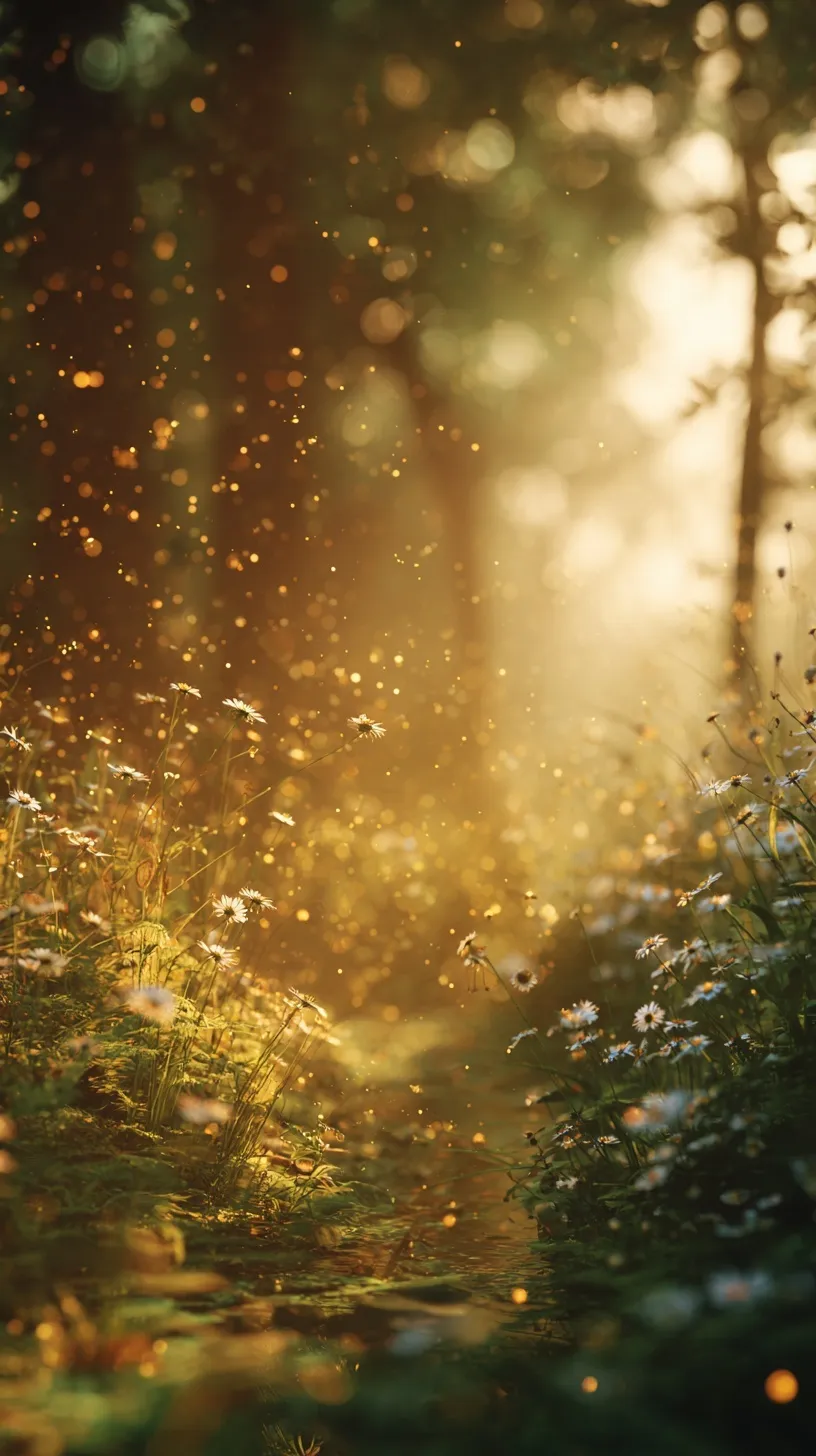 Golden spring forest with shimmering sunlight and bokeh, perfect nature mobile wallpaper for iPhone 17 Pro.
