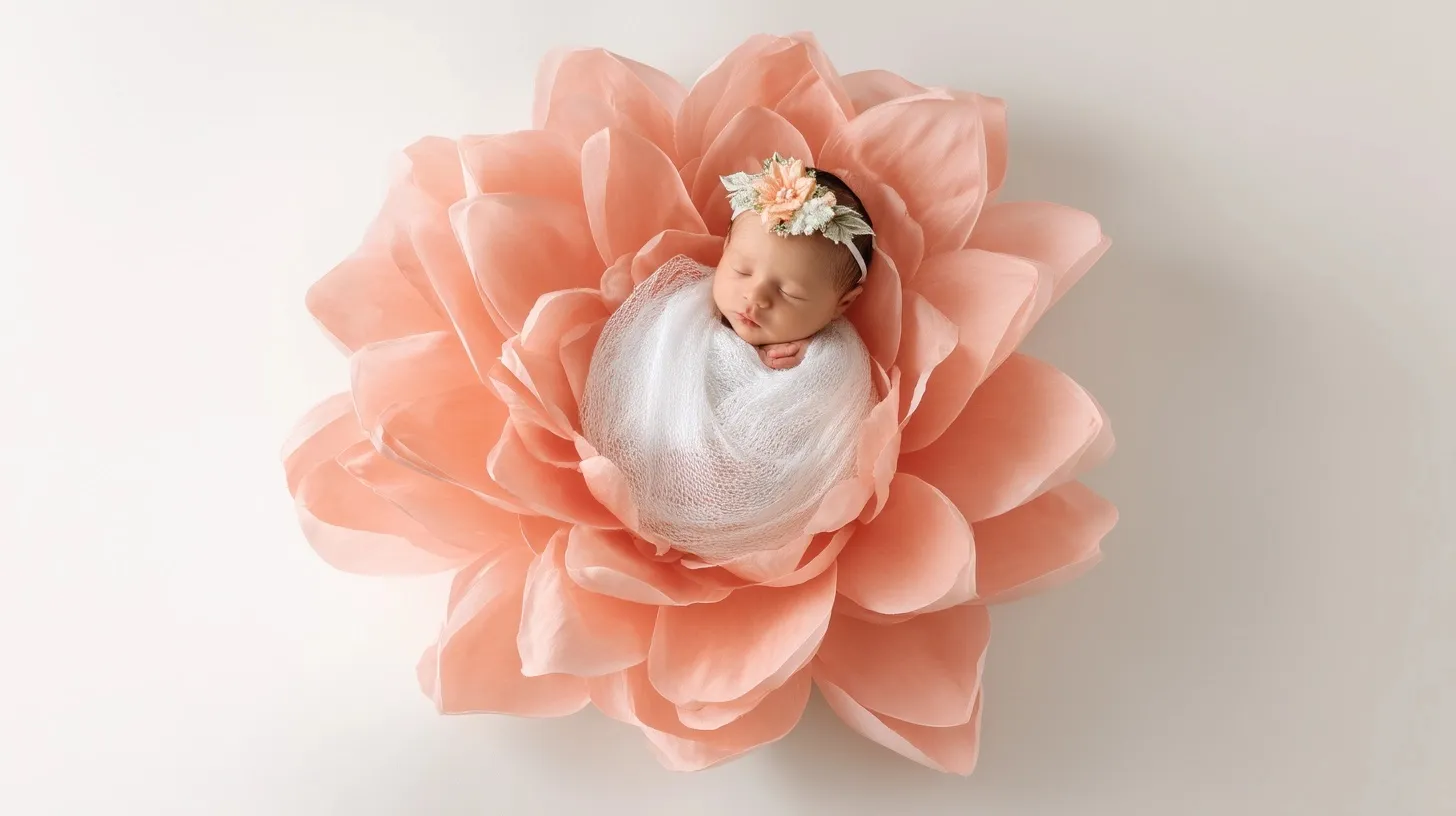 Newborn baby girl in a white swaddle lying on a large peach flower against a clean white studio background.