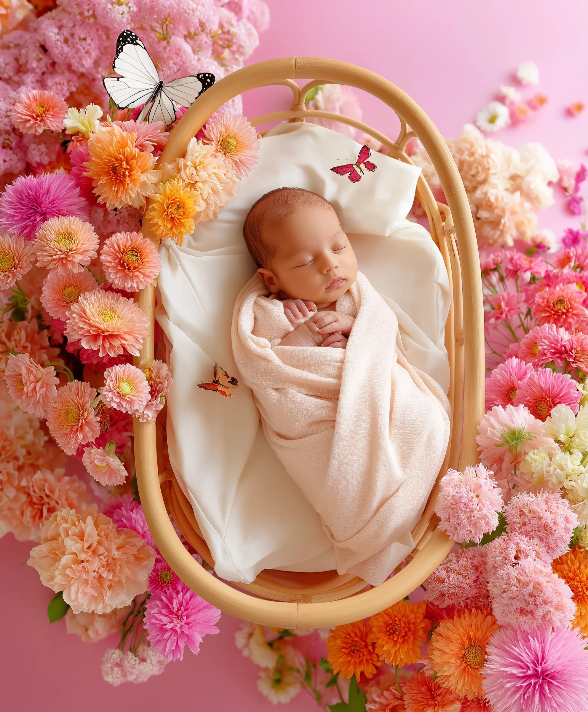 Newborn baby girl lying in a rattan cradle surrounded by pastel pink and orange flowers and butterflies.