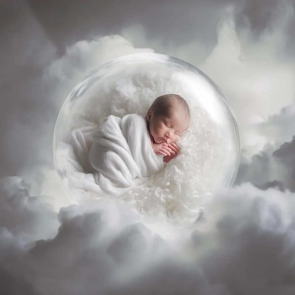 A swaddled newborn baby sleeping inside a magical glass sphere floating above fluffy clouds.