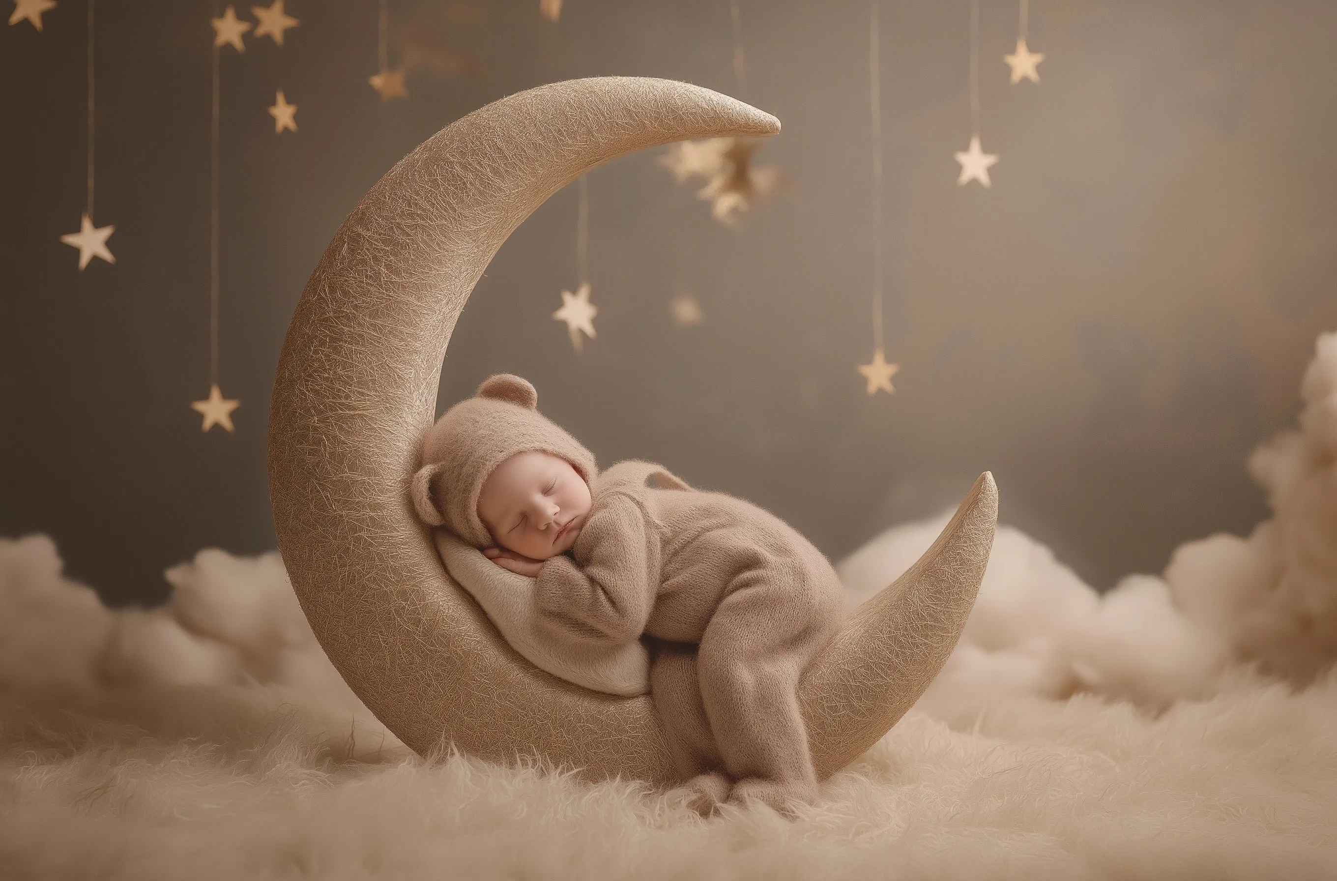 A photorealistic fine art newborn photography backdrop featuring a sleeping baby on a whimsical moon with stars.