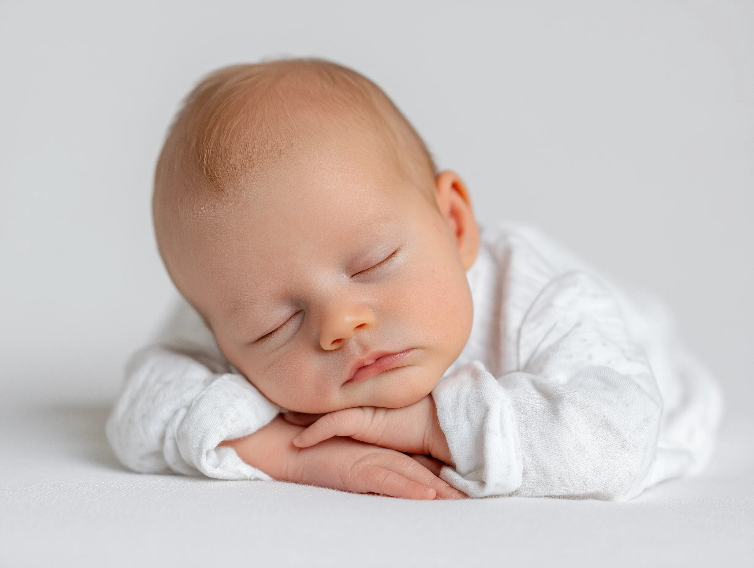 A professional 8k newborn photography portrait of a sleeping baby with thin hair on a clean white background.