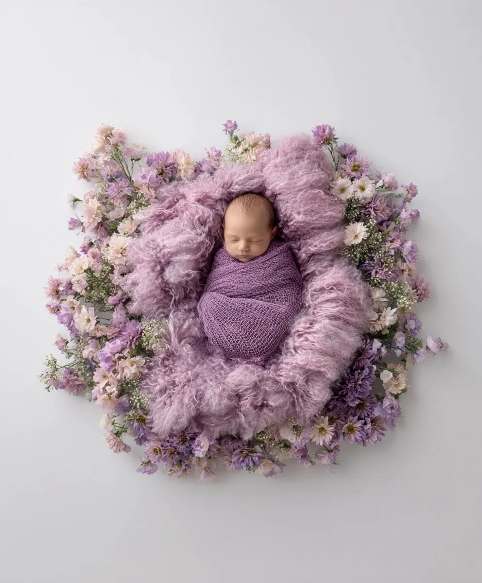 A newborn digital photography backdrop featuring a soft purple blanket with flower accents on a white background.