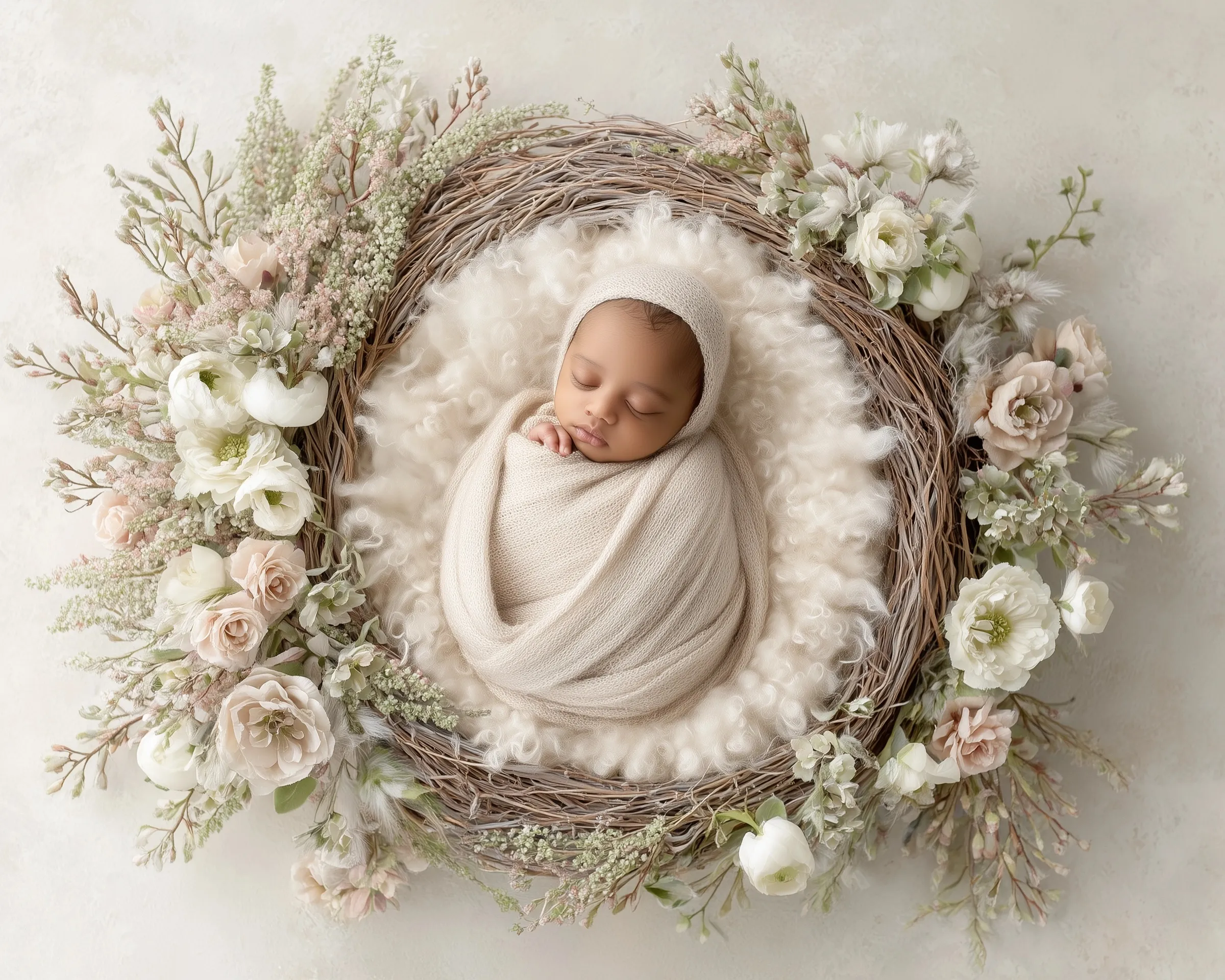 Newborn photography digital backdrop with a baby wrapped in cream layers in a floral basket, top-down view.