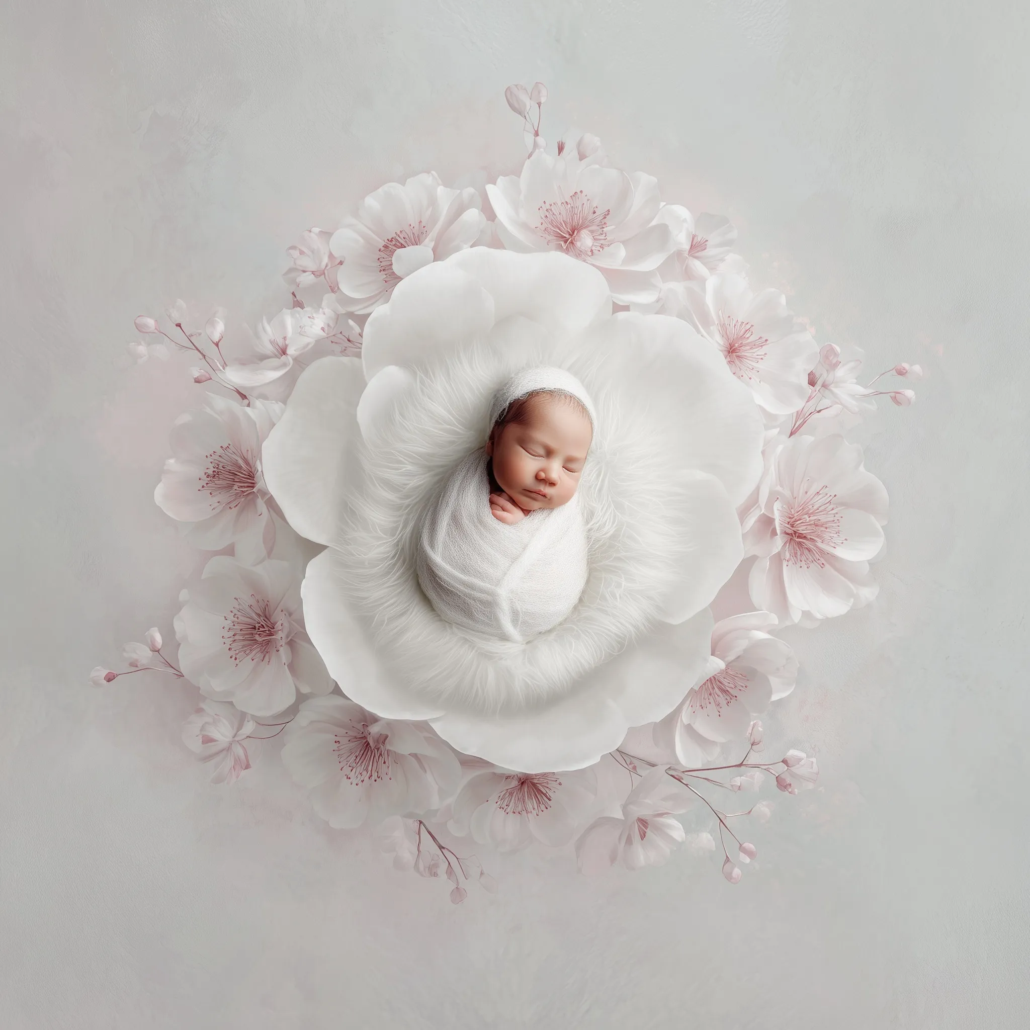 A newborn baby sleeping on a bed of soft pink and white flowers in a modern, minimalist composite photo.