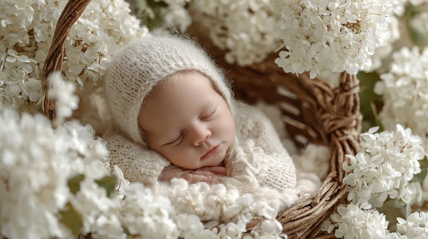 A smiling newborn baby sleeping peacefully in a basket surrounded by white hydrangeas, dreamy fairy-tale style.