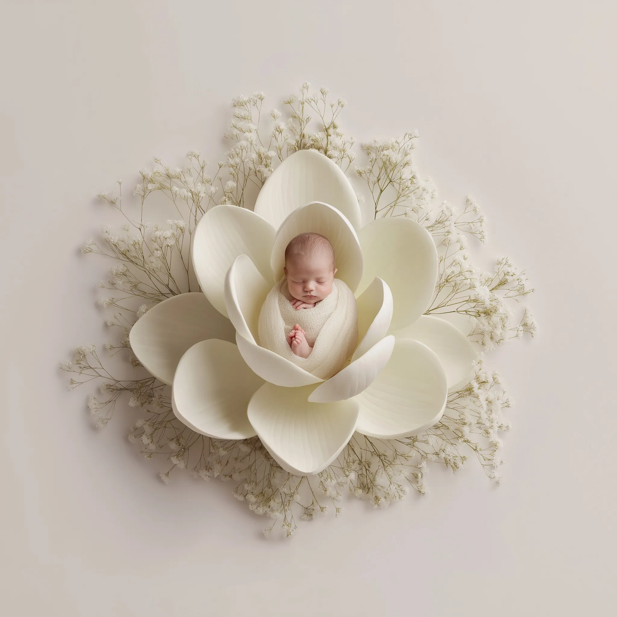 A newborn baby sleeping peacefully inside a large open white flower in a modern, minimalist composite photo.