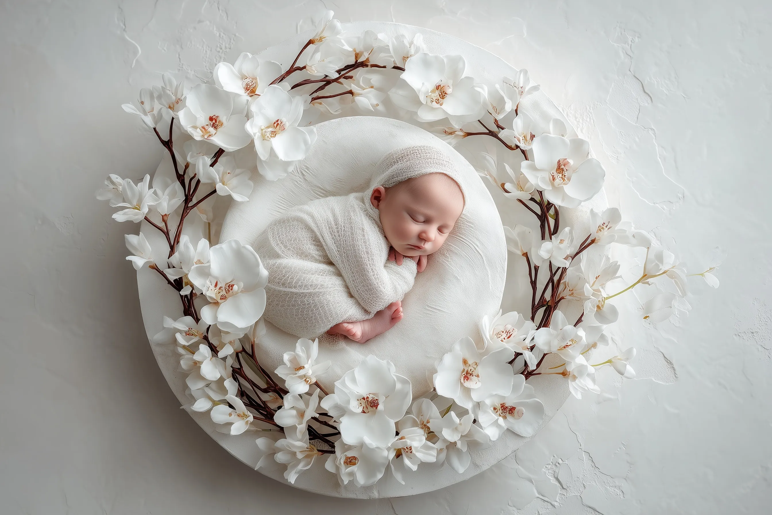 Fine art newborn photography digital backdrop with a circular white orchid floral arrangement on a clean background.