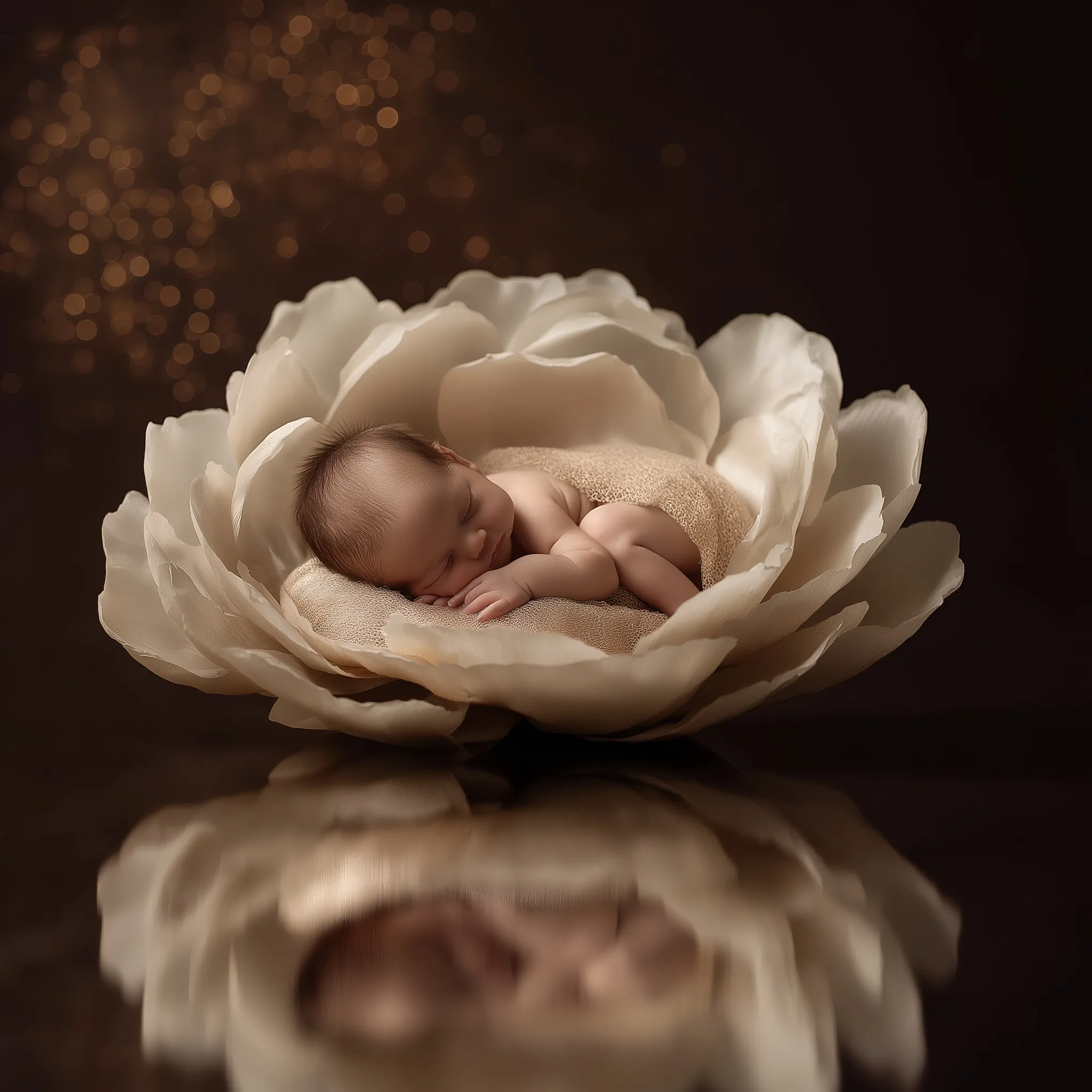 Newborn baby sleeping inside a large cream-colored flower on a reflective floor, professional studio lighting.