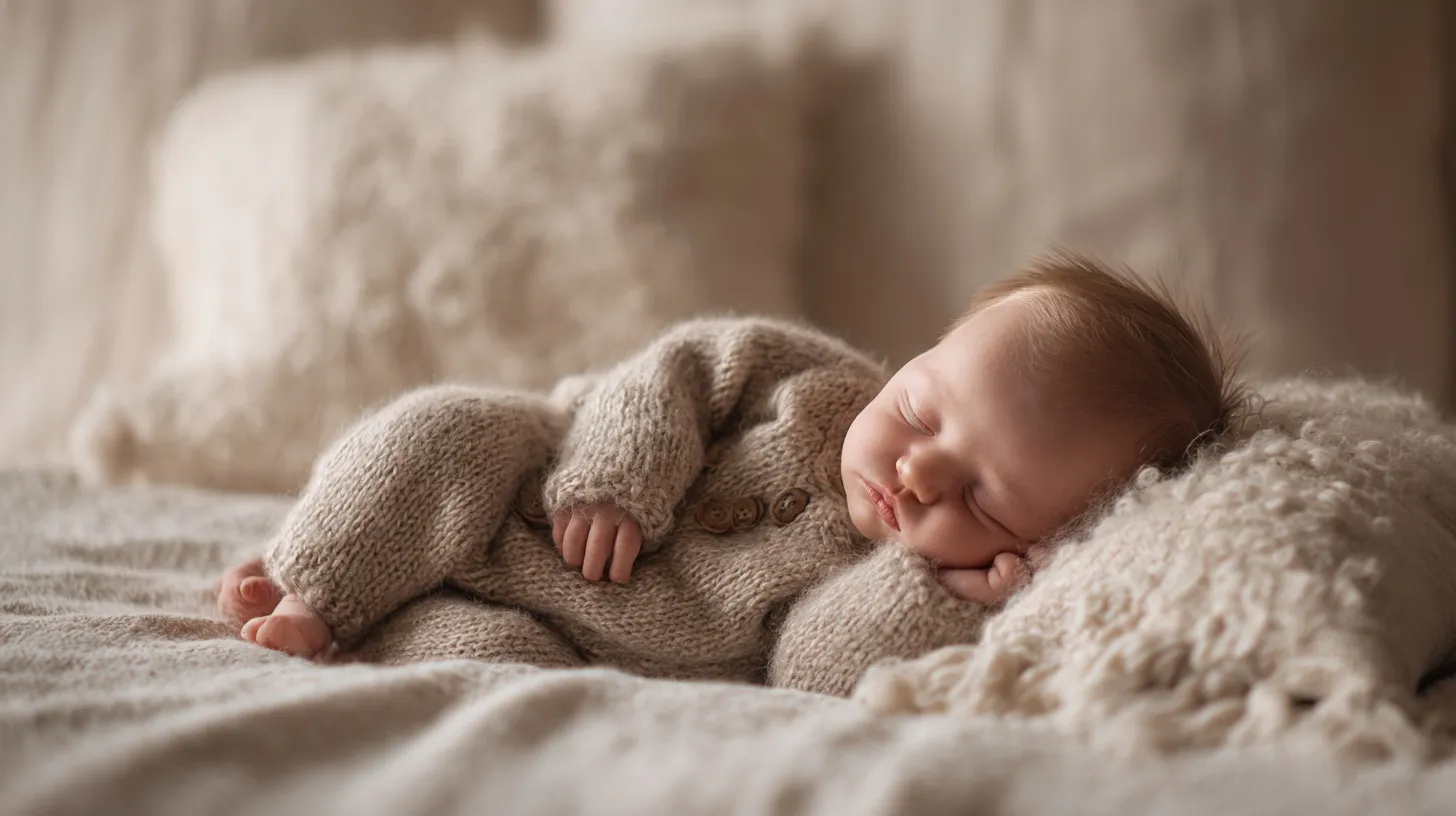 A newborn baby in a knitted romper resting on a soft day bed with creamy tones and soft, dreamy lighting.