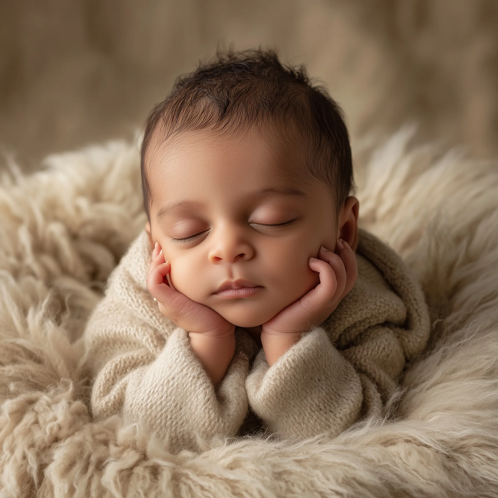 A peaceful newborn baby sleeping on a soft beige backdrop with hands resting gently on cheeks.