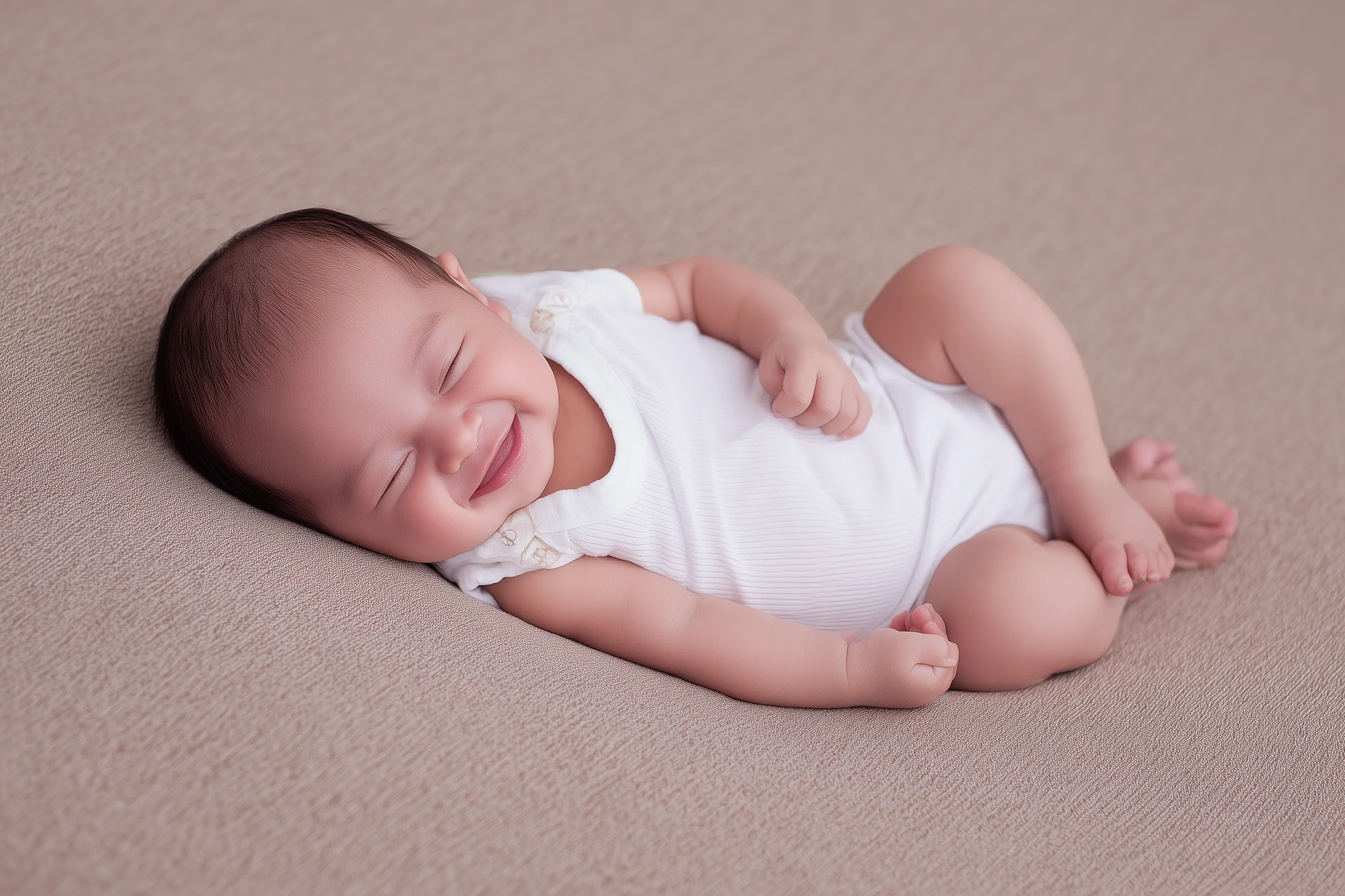 A cute Hispanic newborn baby in a white singlet sleeping soundly during a professional studio photography session.
