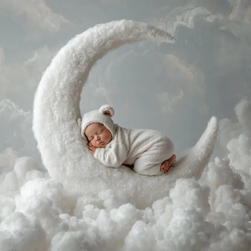 A hyperrealistic newborn baby sleeping peacefully on a white crescent moon surrounded by soft, fluffy white clouds.
