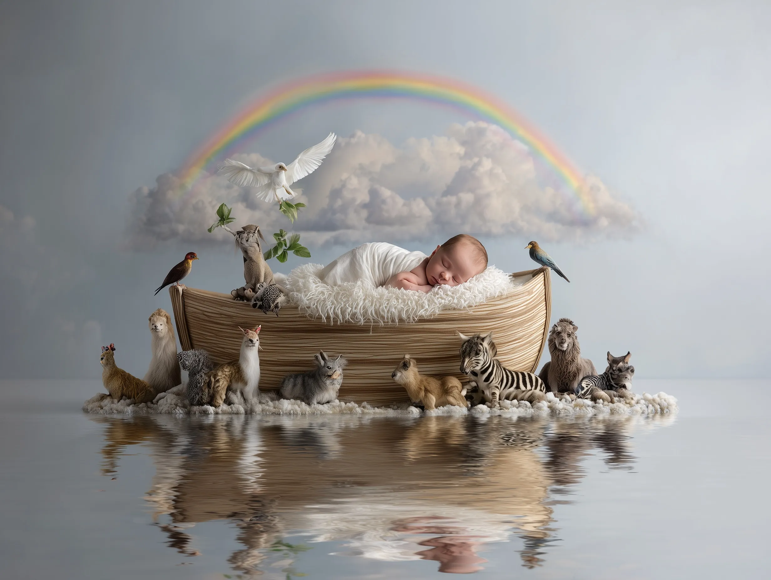 A newborn baby resting on Noah’s Ark with animals, a rainbow, and a white dove in a scenic rooftop setting.
