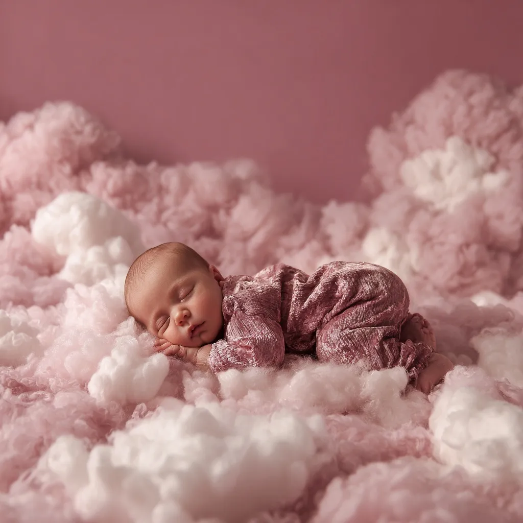 A newborn baby sleeping on their stomach on a fluffy cloud-themed prop in dusty rose tones for photography composite.