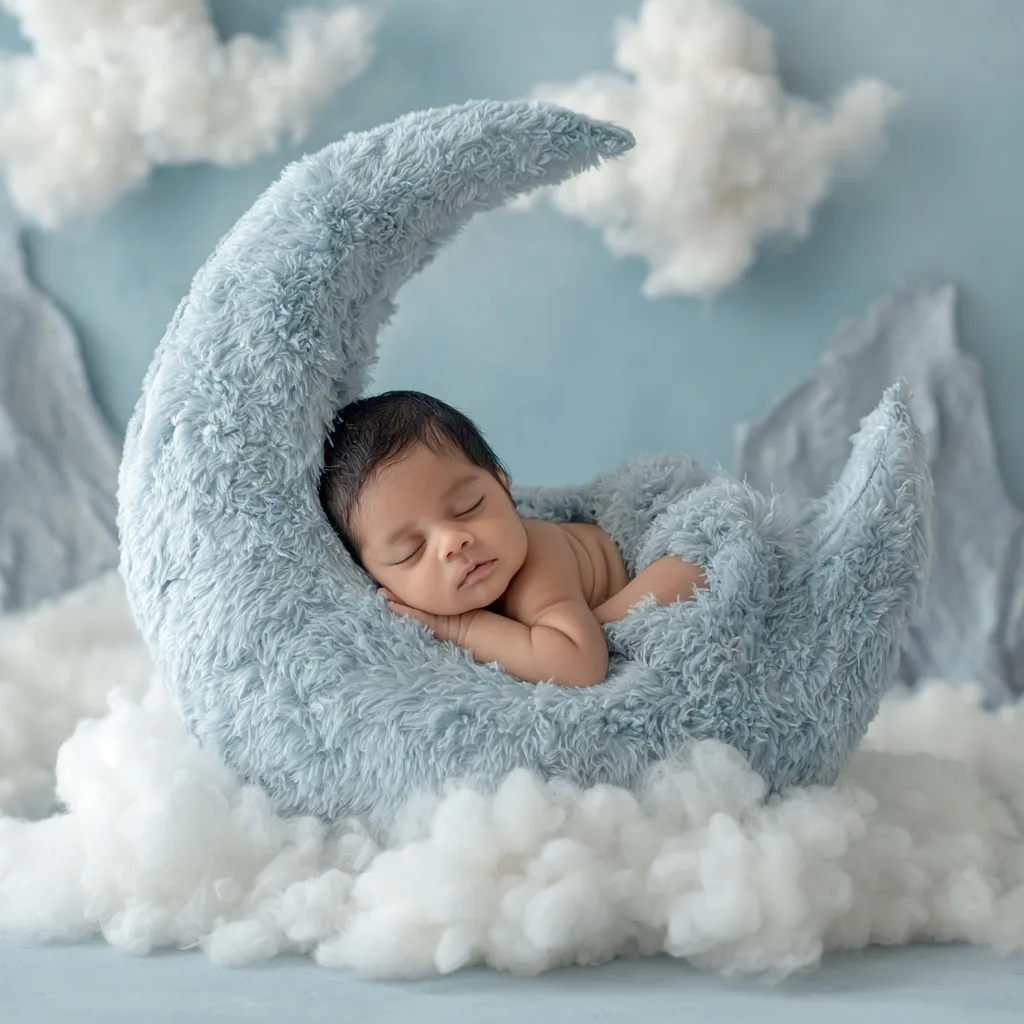 Newborn baby in crescent moon prop with Shiva-inspired symbols like a miniature Trishul and sacred rudraksha beads.