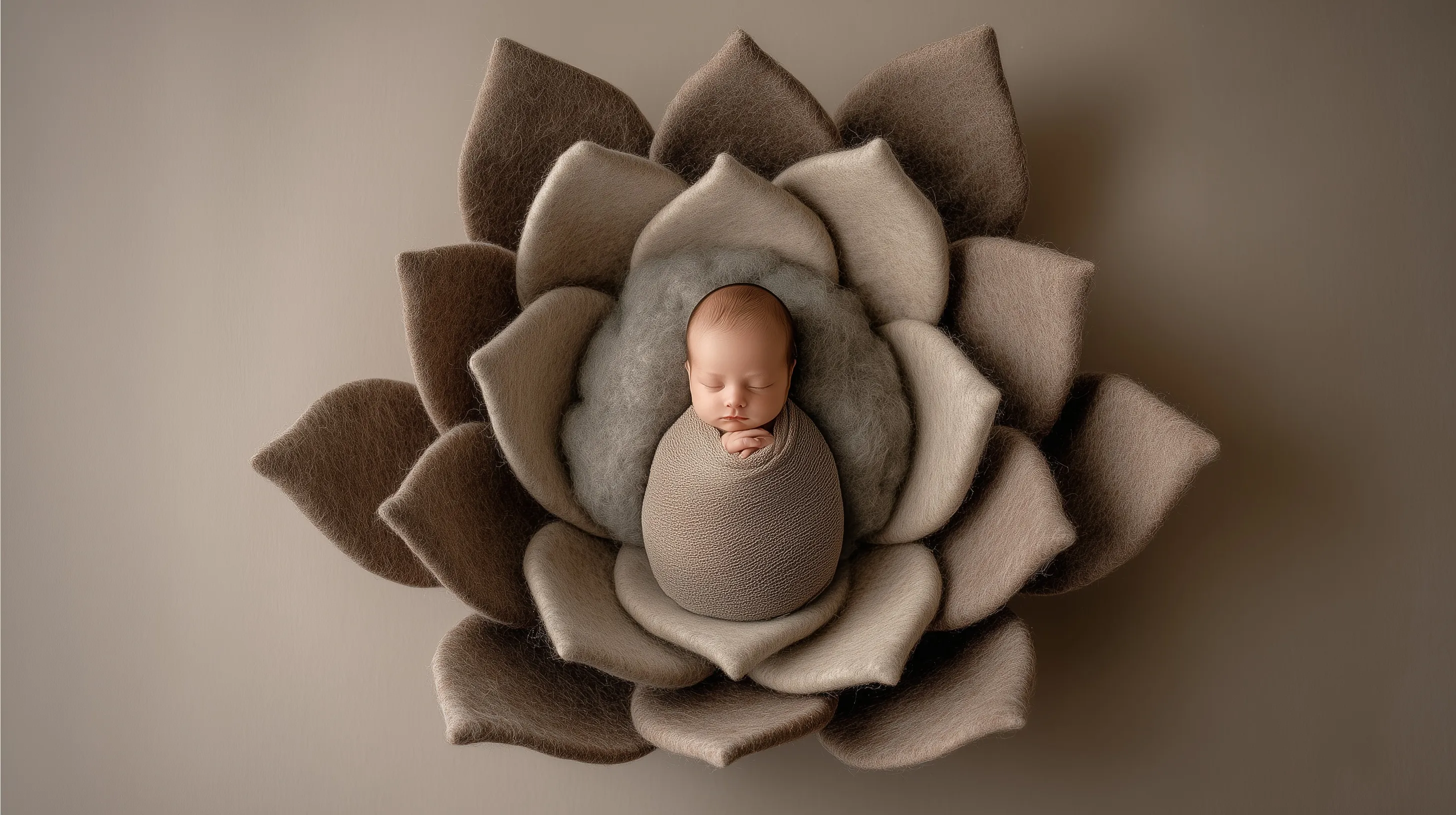 A newborn baby boy sleeping peacefully on soft, beige and brown felt flower petals in a professional photo studio.