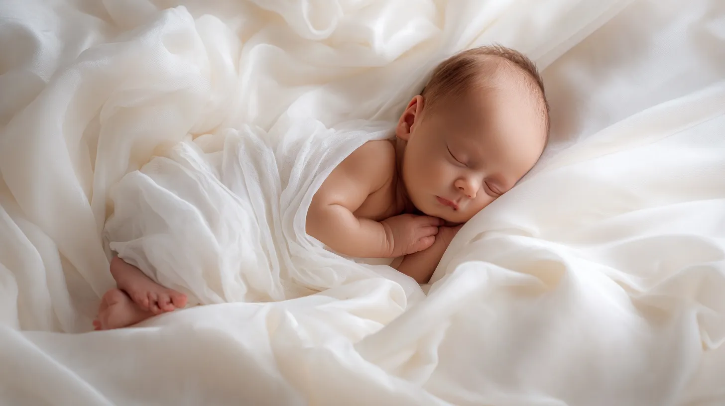 A newborn baby sleeping peacefully on soft white silk fabric, captured in a high-angle natural light portrait.