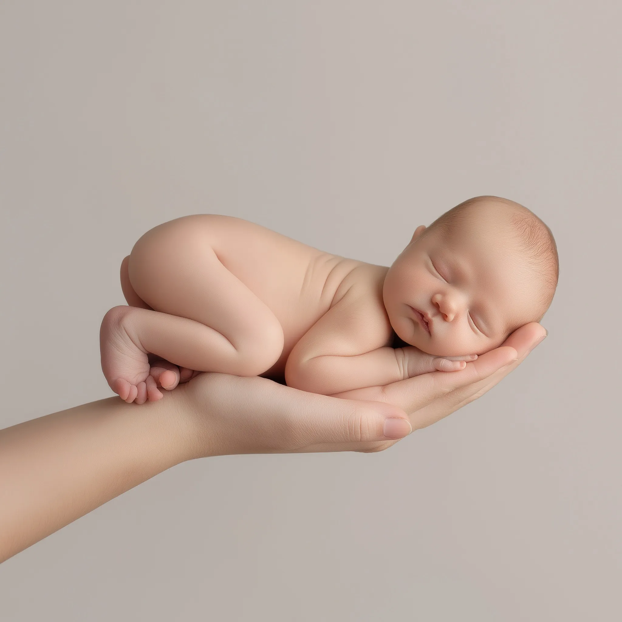 A newborn baby resting gently in an adult palm, capturing a natural fetal pose with soft, cinematic side lighting.