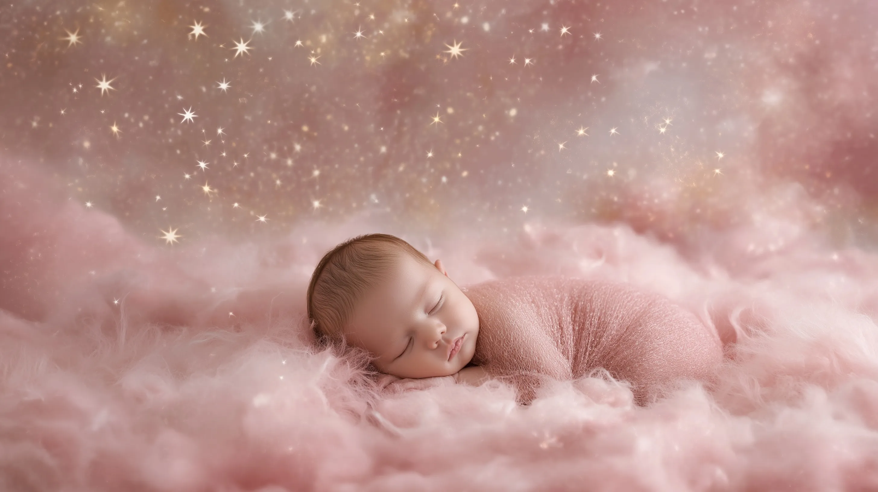 Newborn photography backdrop featuring a blush pink galaxy sky with magical silver and gold stars and soft nebula.