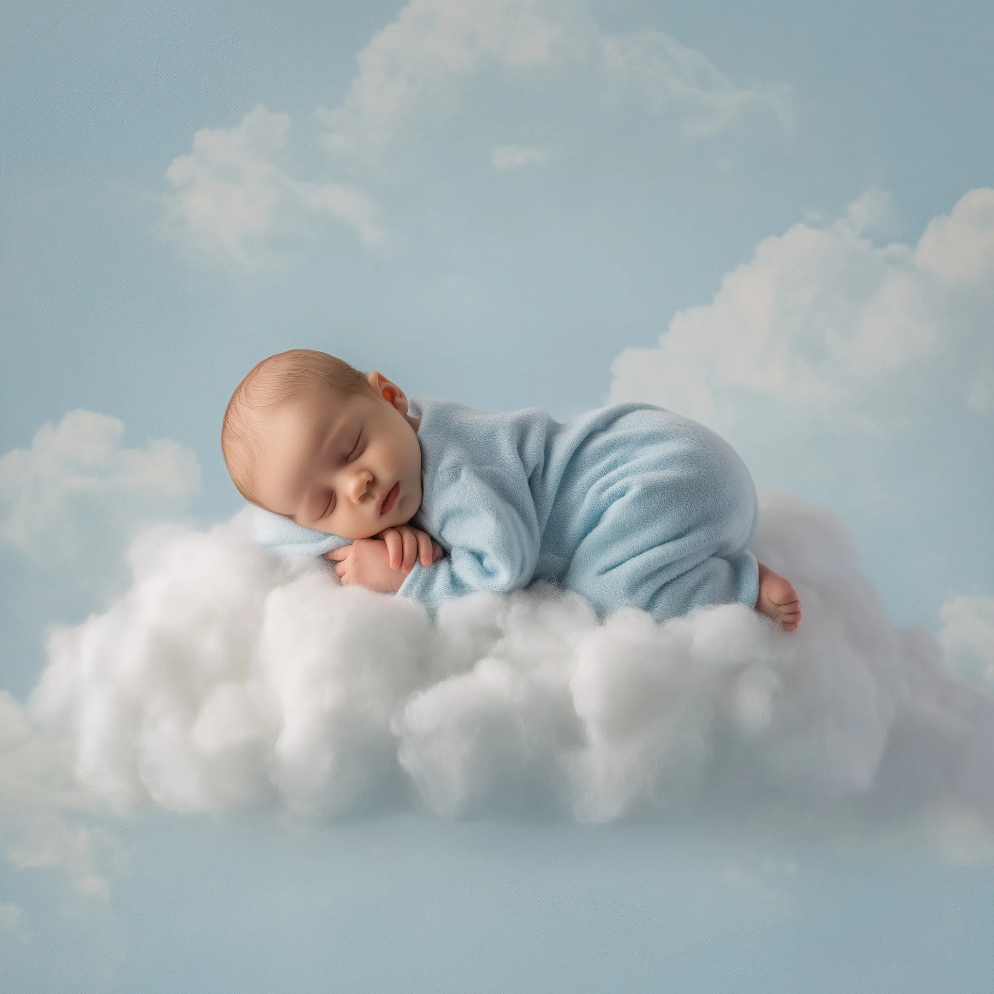 A peaceful newborn baby sleeping on a fluffy, realistic cloud in a soft, dreamy blue sky, ethereal photography.