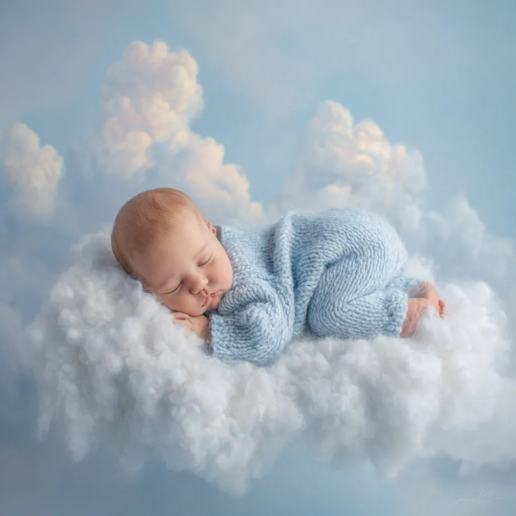 Sleeping newborn baby in a blue knitted onesie resting on a fluffy white cloud in a dreamy pastel sky.