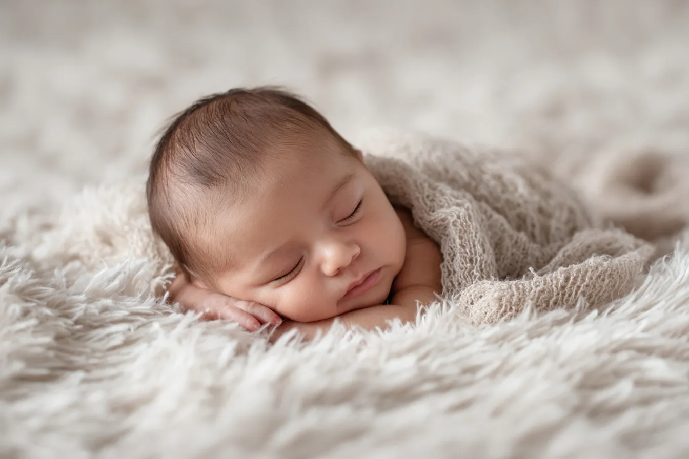 A peaceful newborn baby sleeping on a cozy white blanket in a realistic, natural lifestyle portrait.