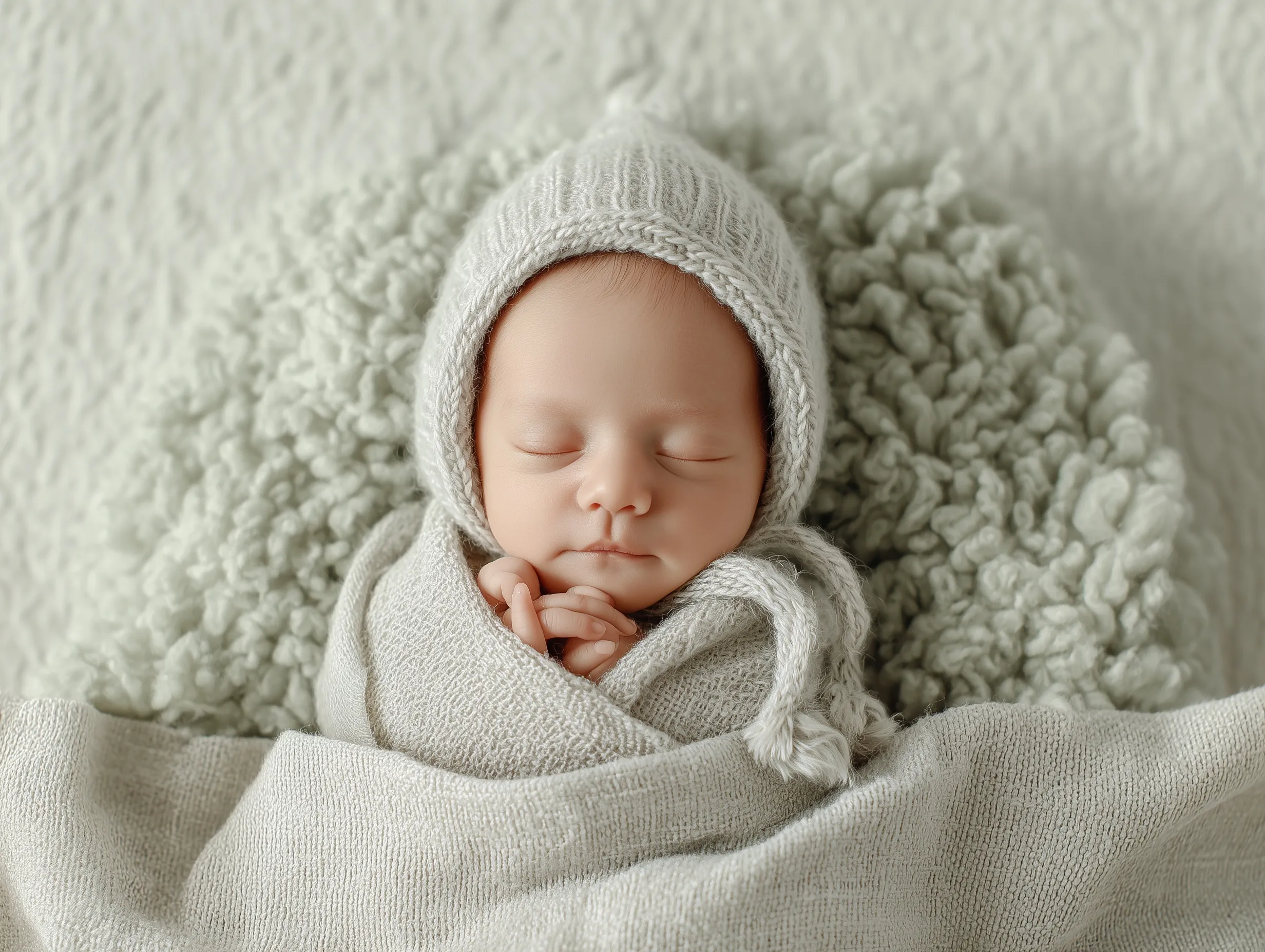 Minimalist newborn photography background with a soft neutral setting and a cute prop for baby portraits.
