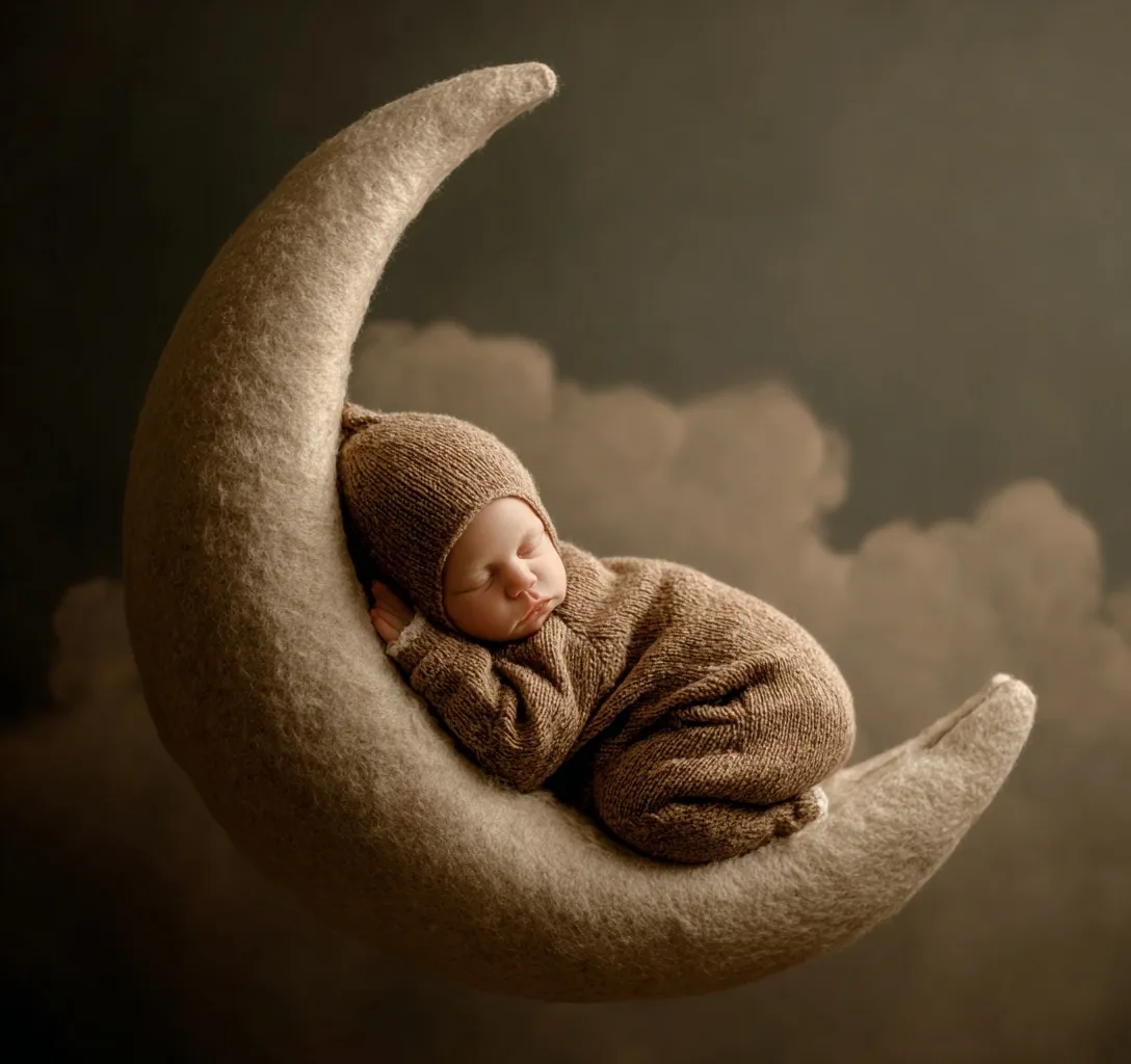 A newborn baby sleeping peacefully on a crescent moon prop, professional studio photography backdrop.